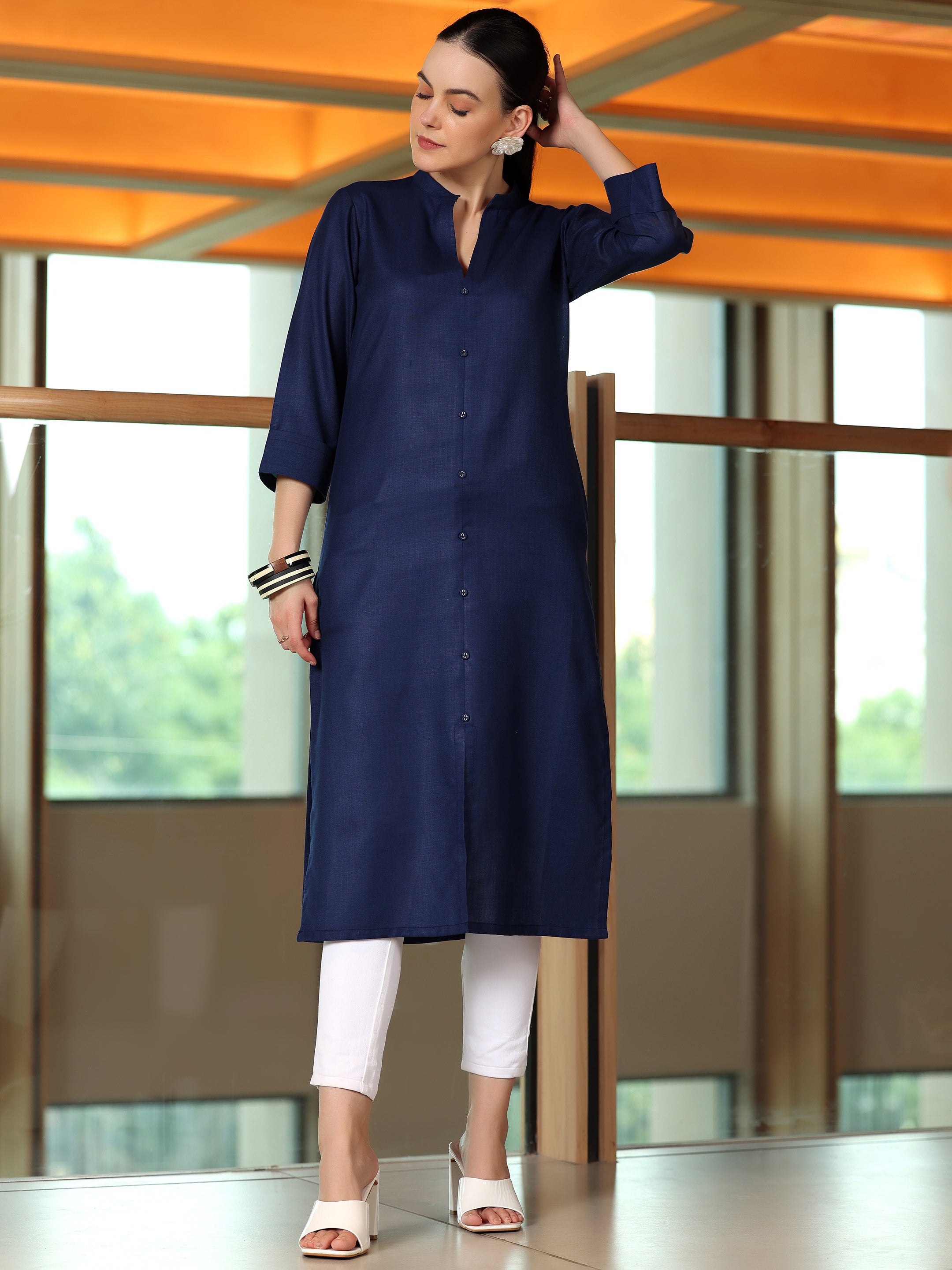 Blue Solid Silk Straight Kurta