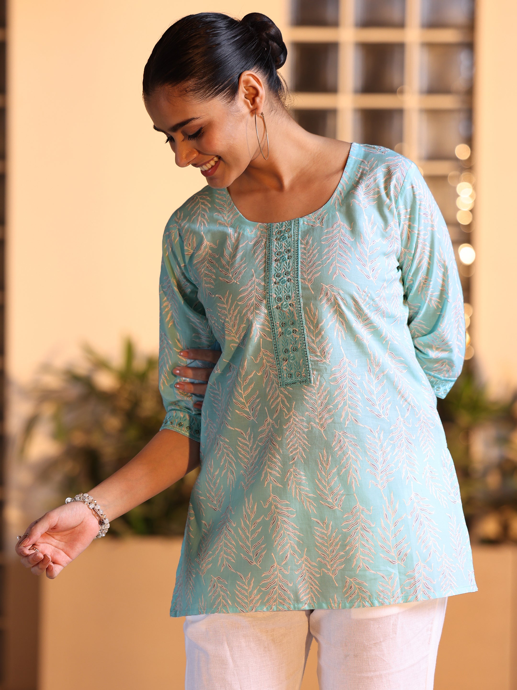 Blue Printed Straight Cotton Kurti