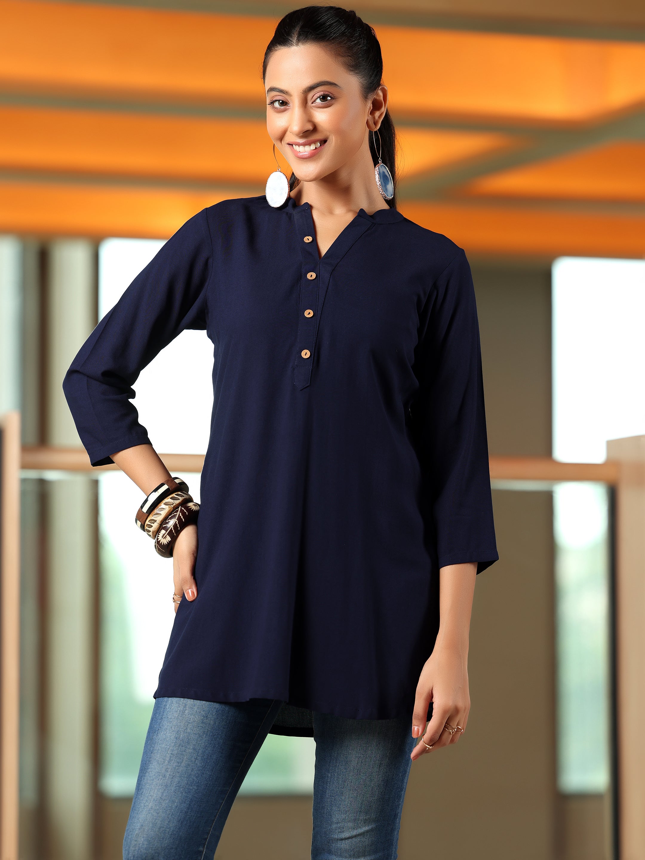 Navy Blue Solid Rayon Straight Kurti