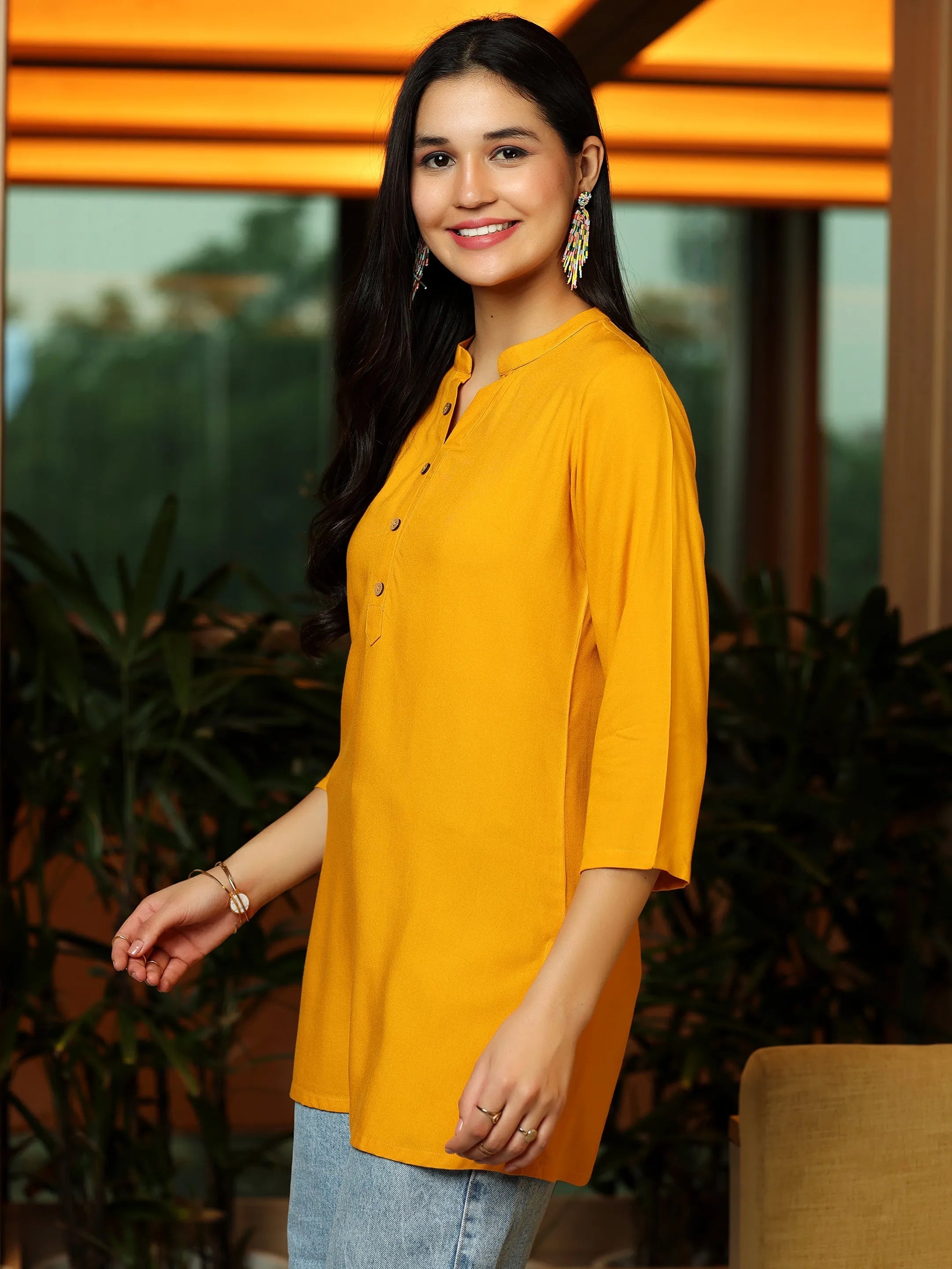 Mustard Solid Rayon Straight Kurti