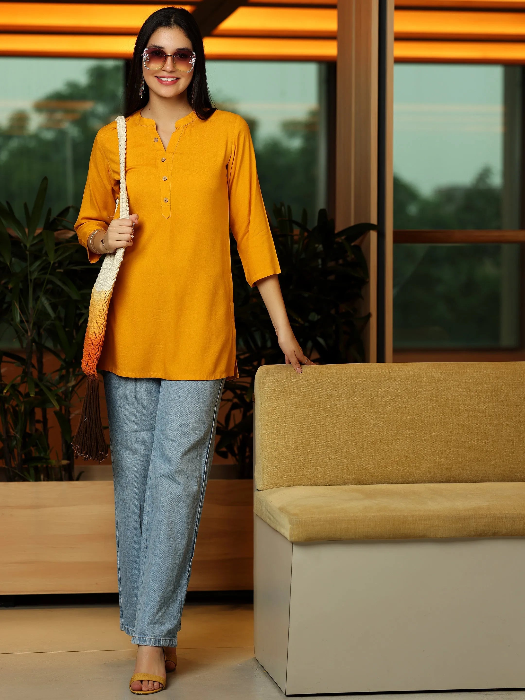 Mustard Solid Rayon Straight Kurti