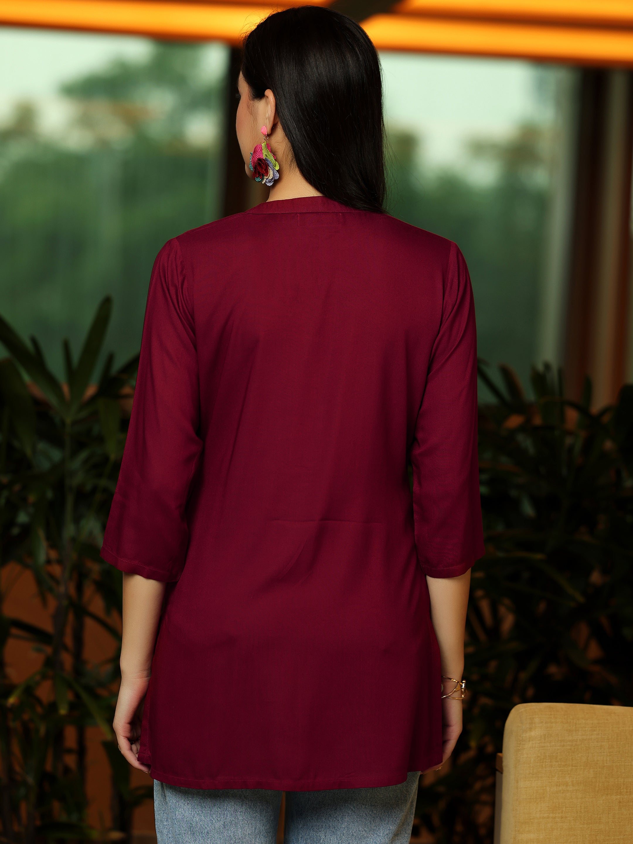 Maroon Solid Rayon Straight Kurti