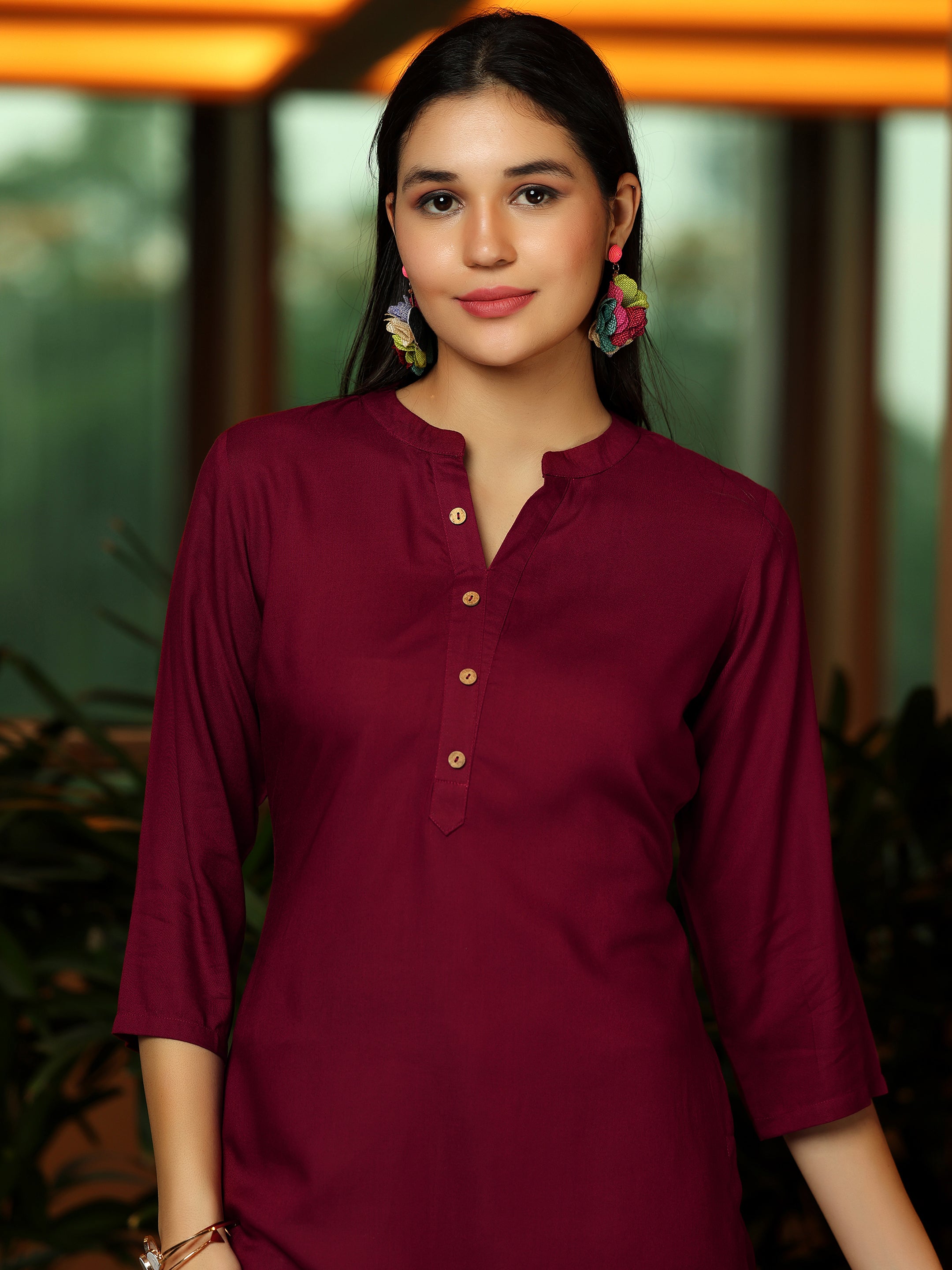 Maroon Solid Rayon Straight Kurti