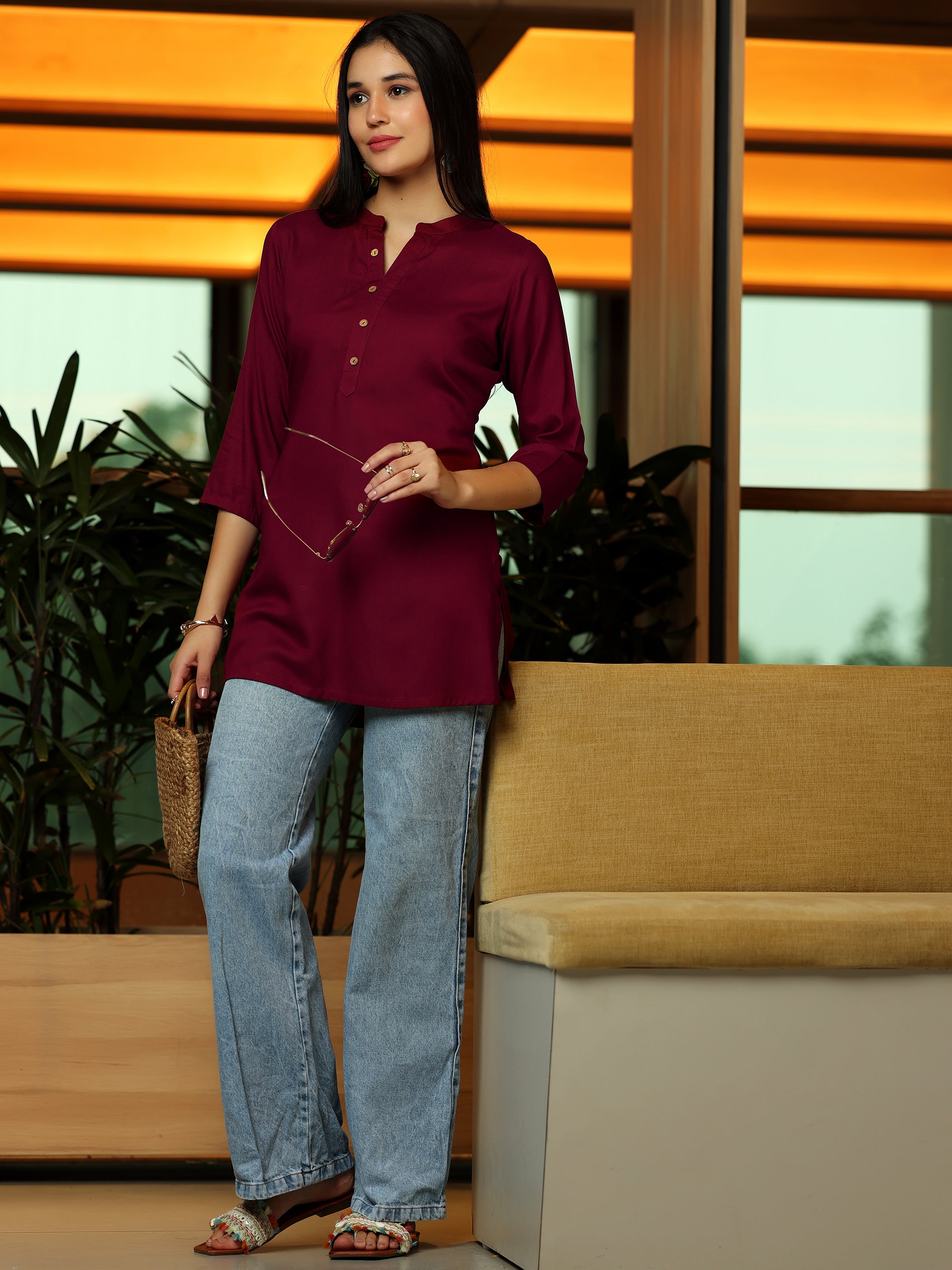 Maroon Solid Rayon Straight Kurti