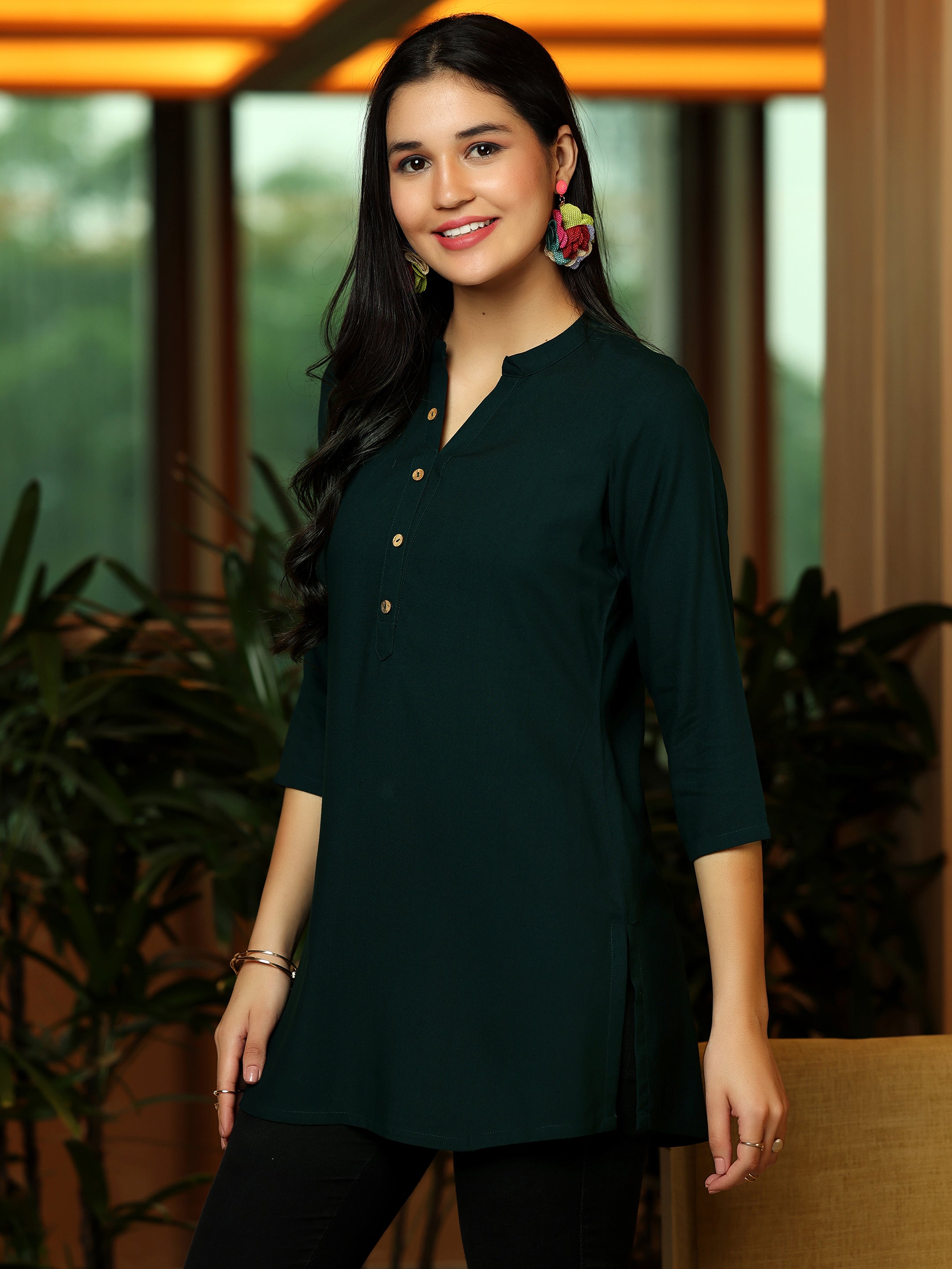 Green Solid Rayon Straight Kurti