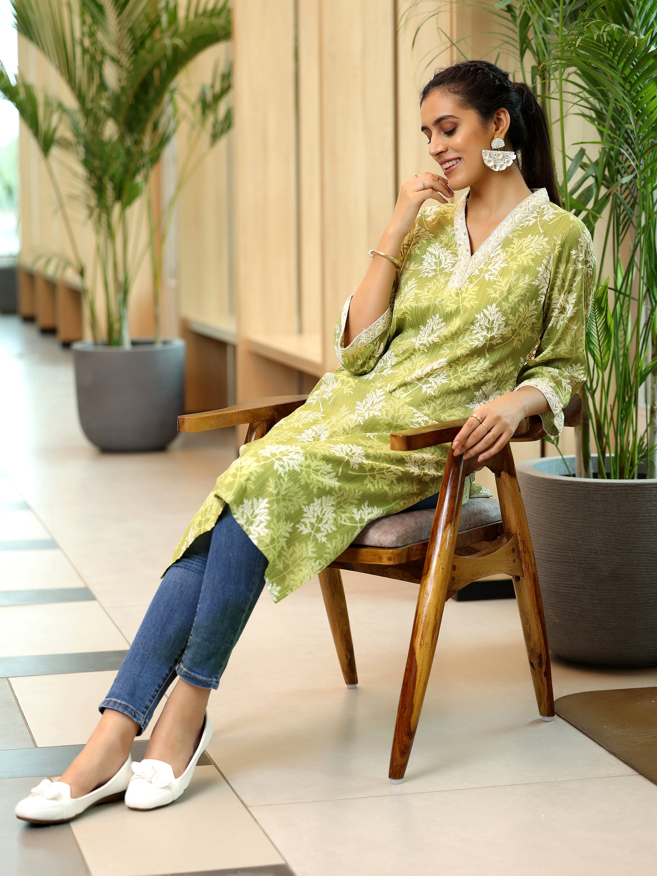 Green Printed Cotton Straight Kurta