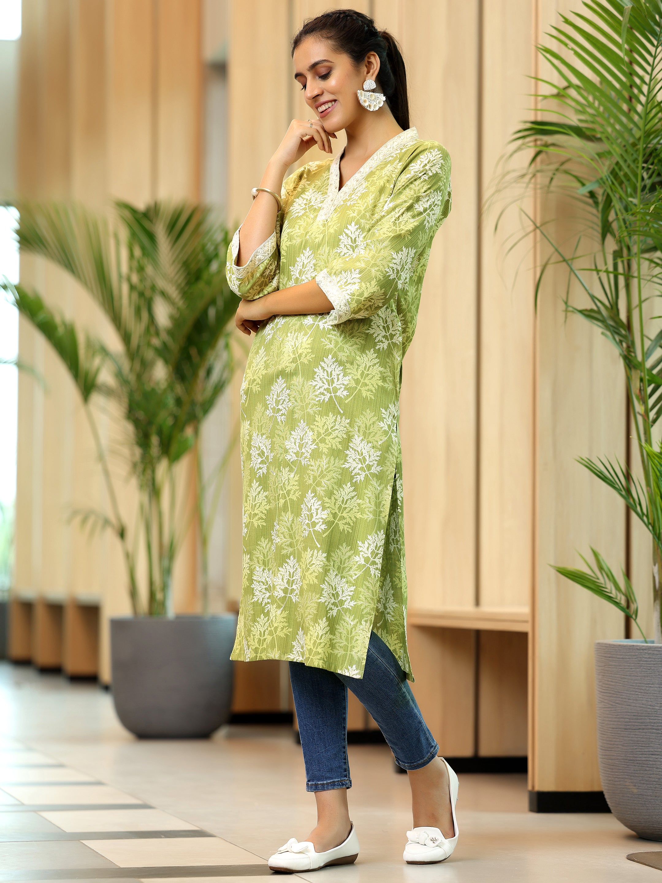 Green Printed Cotton Straight Kurta