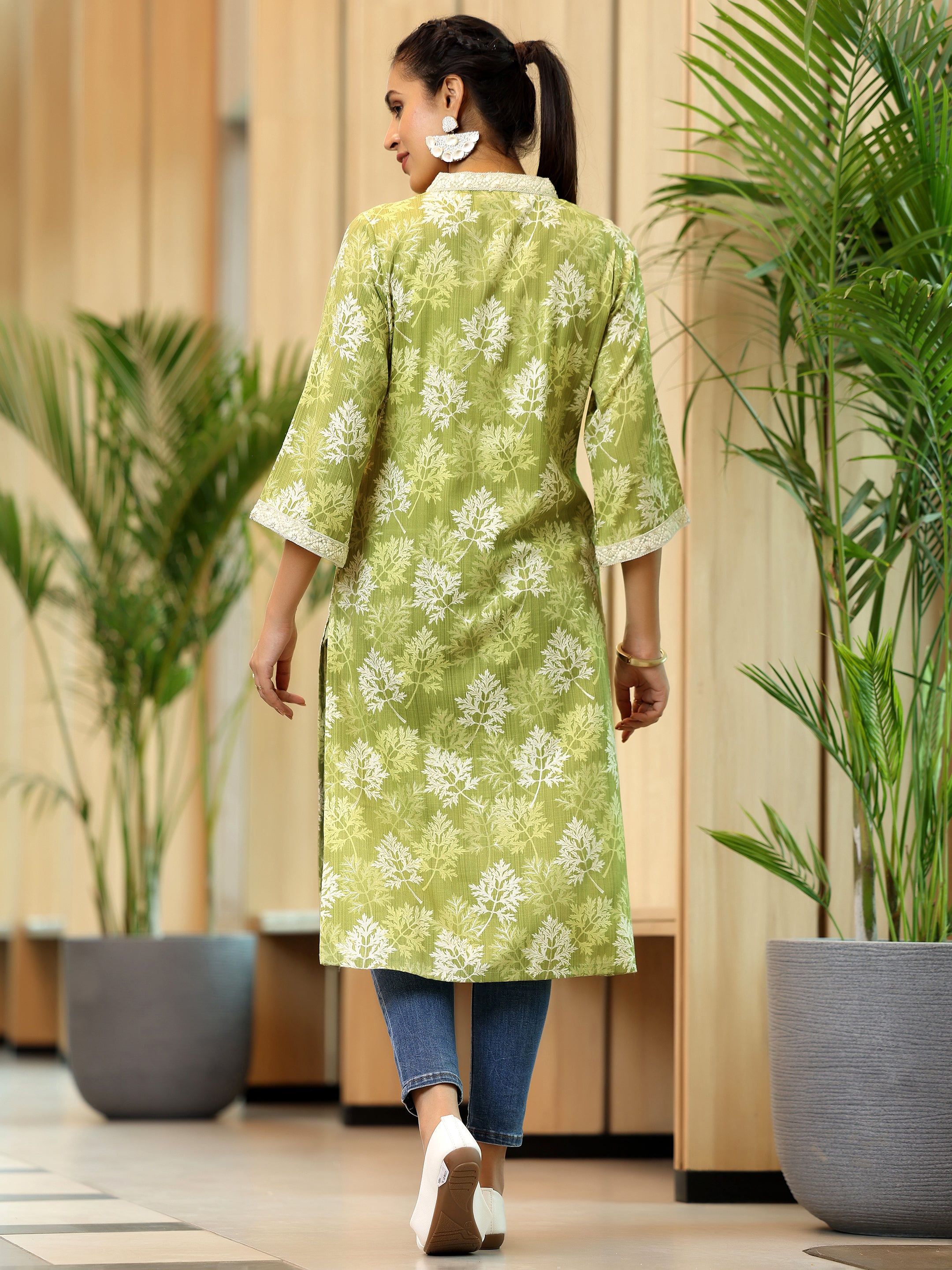 Green Printed Cotton Straight Kurta