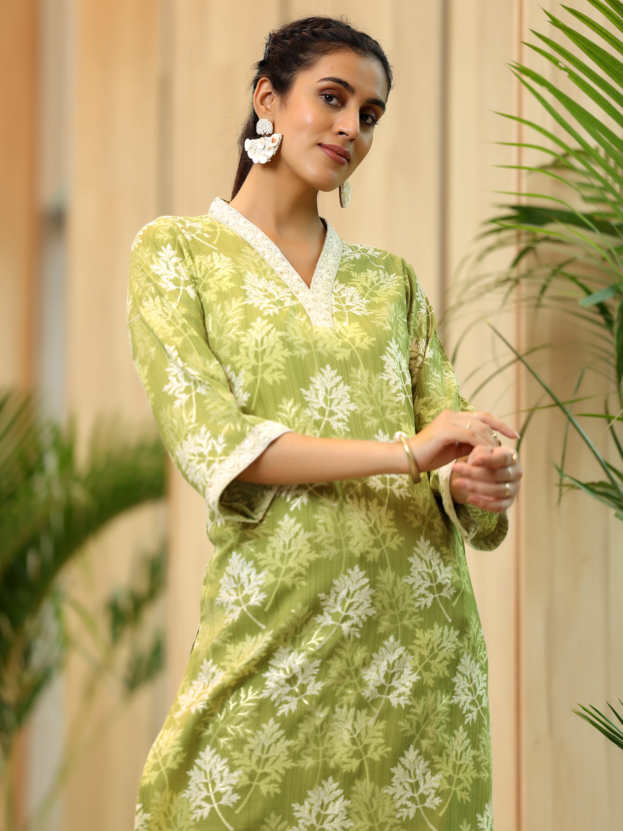 Green Printed Cotton Straight Kurta