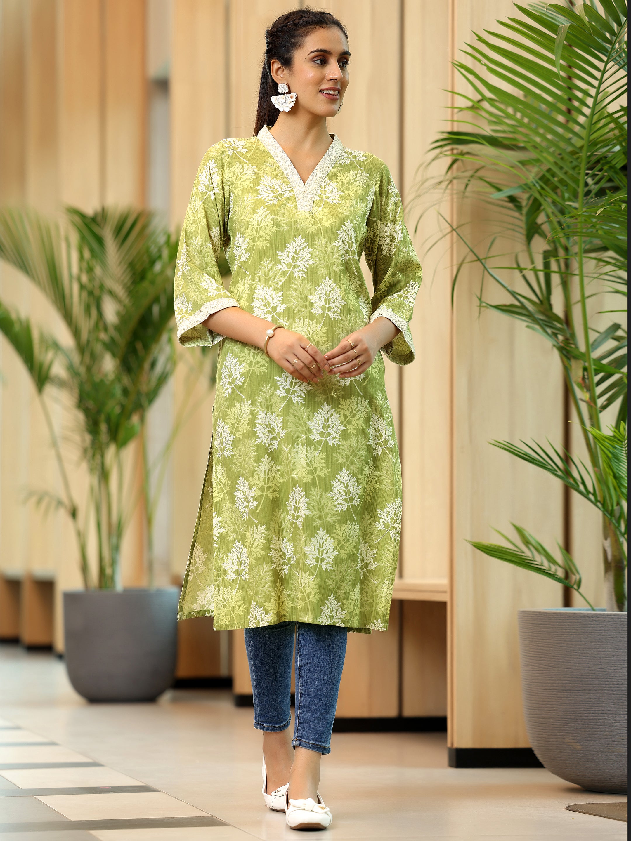 Green Printed Cotton Straight Kurta