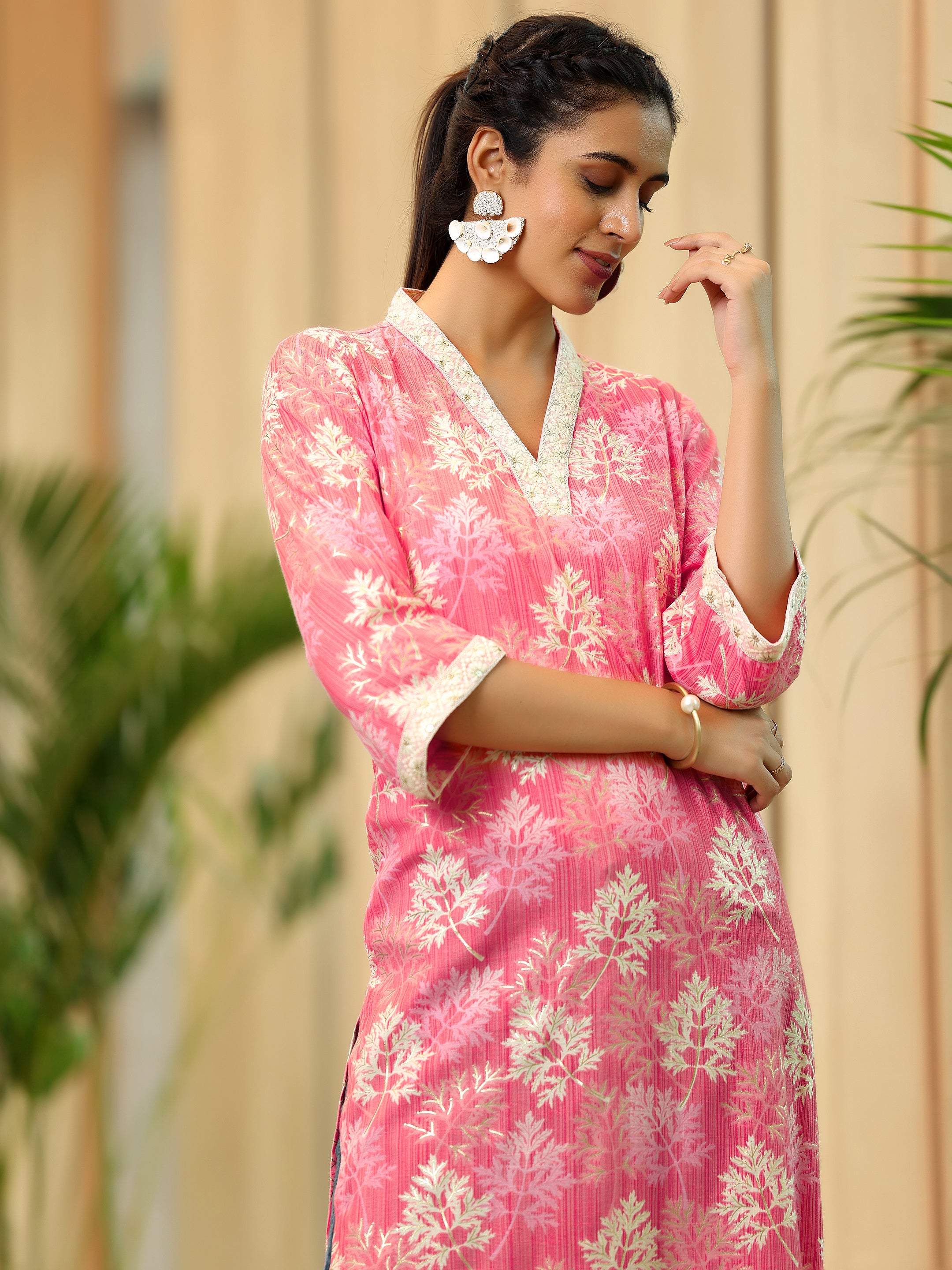 Pink Printed Cotton Straight Kurta