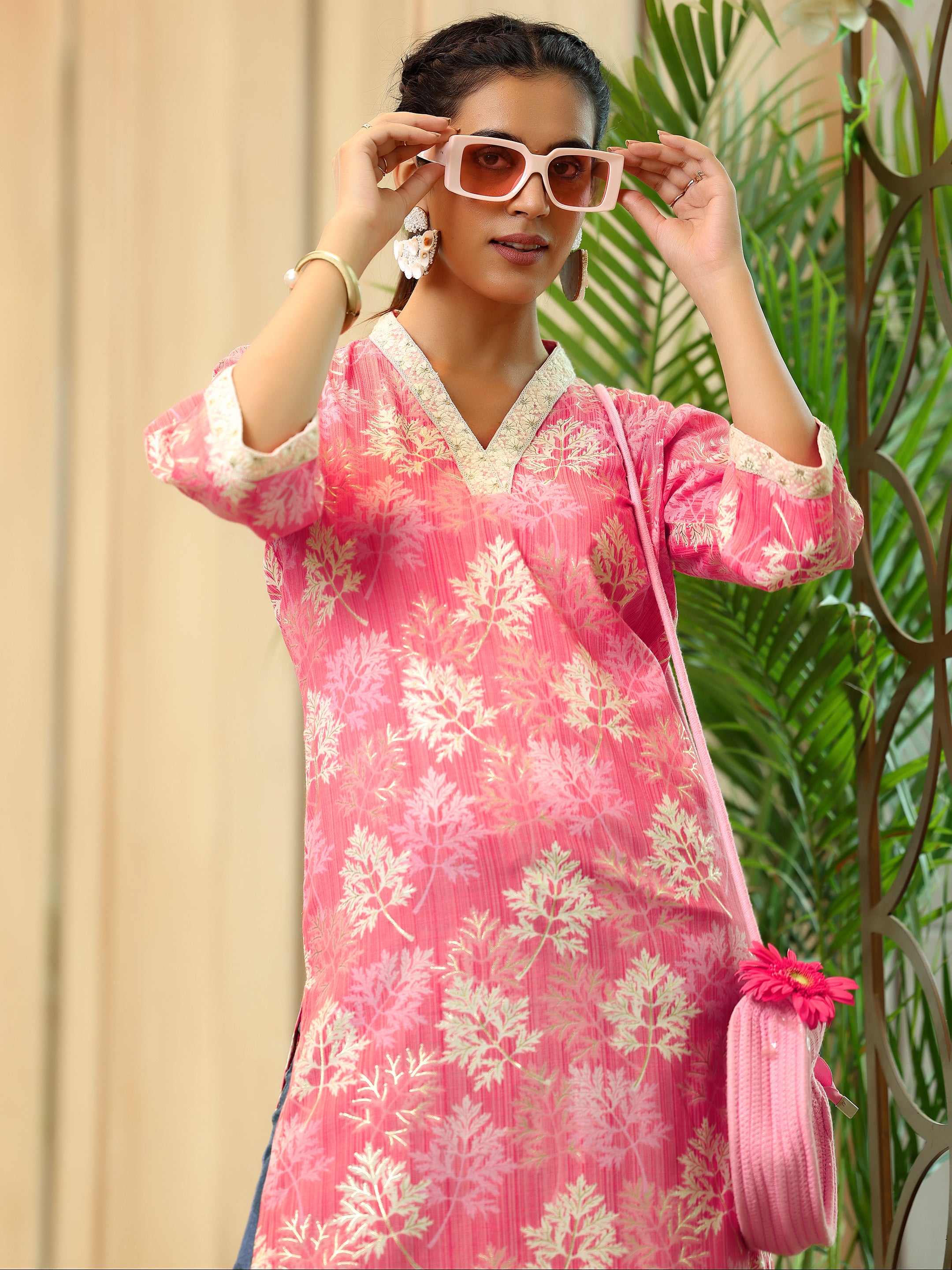 Pink Printed Cotton Straight Kurta