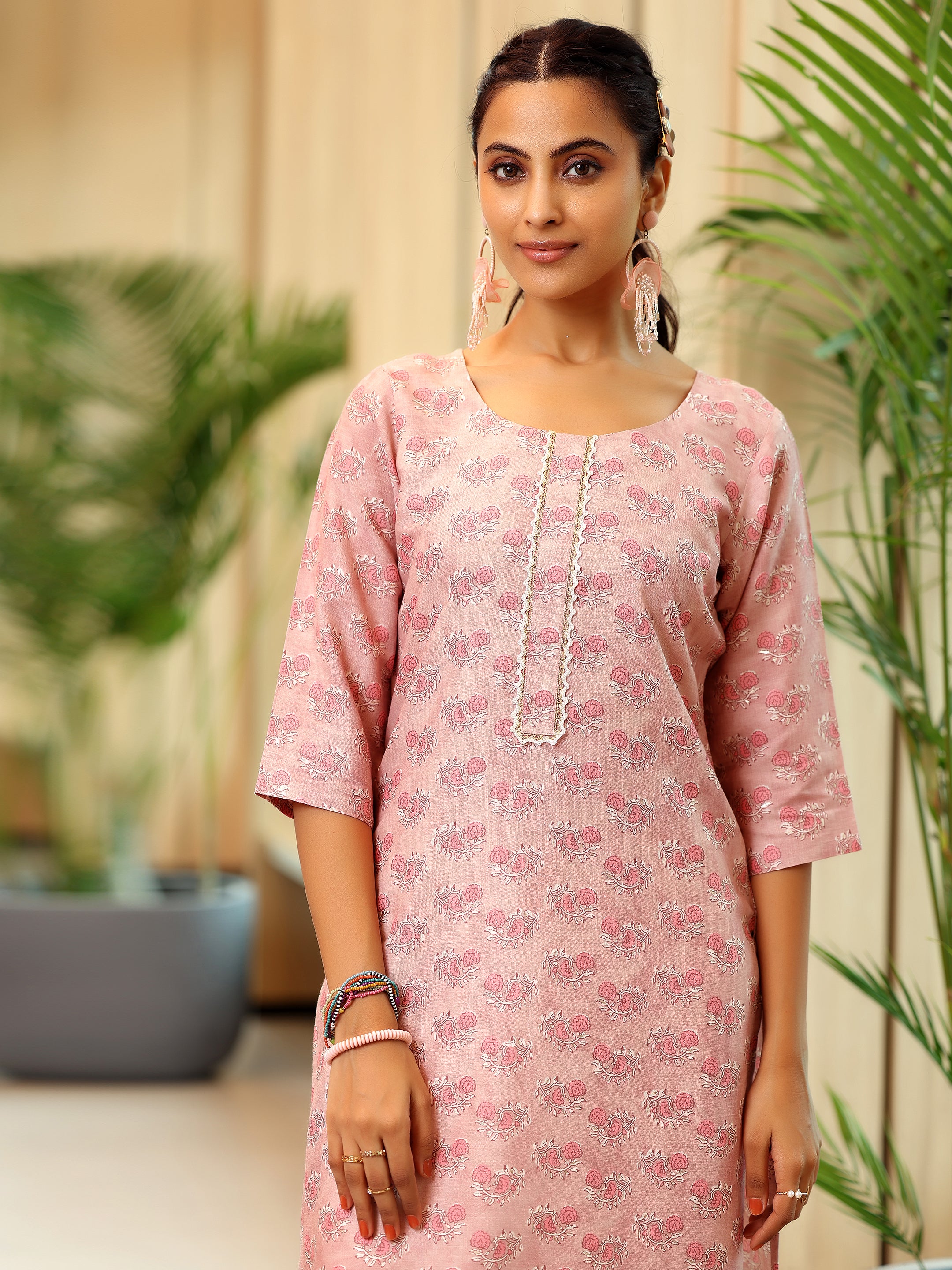 Pink Printed Cotton Straight Kurta