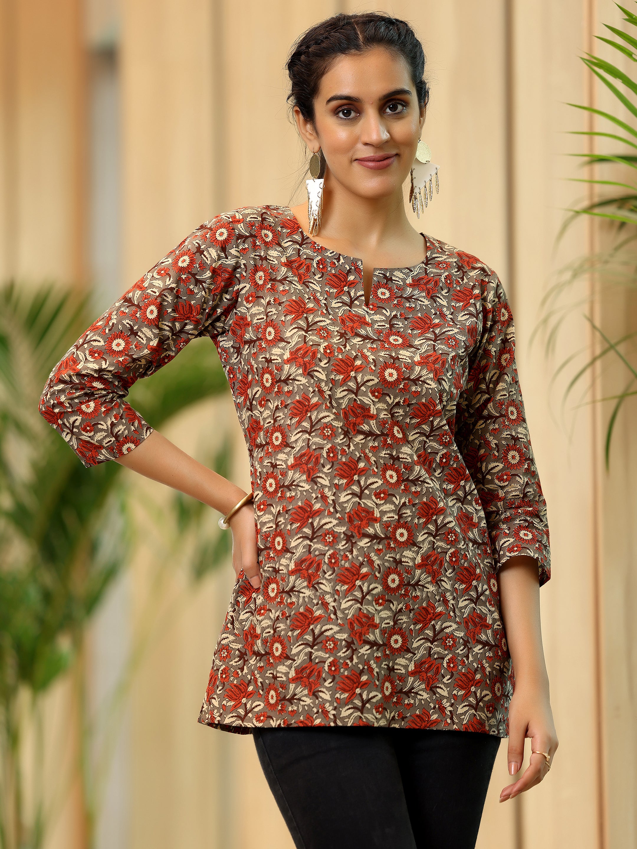 Brown Printed Cotton Straight Kurti