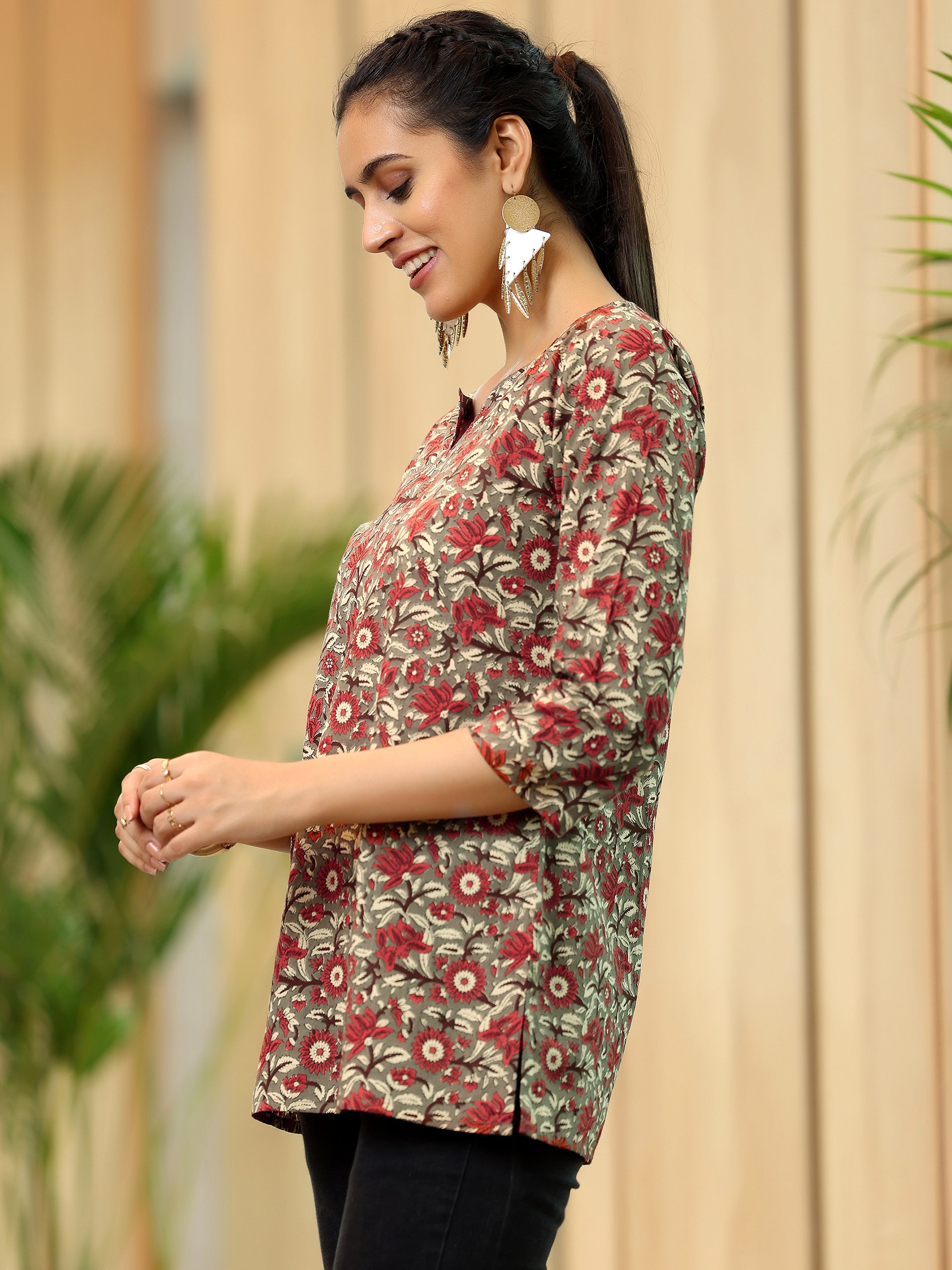 Brown Printed Cotton Straight Kurti