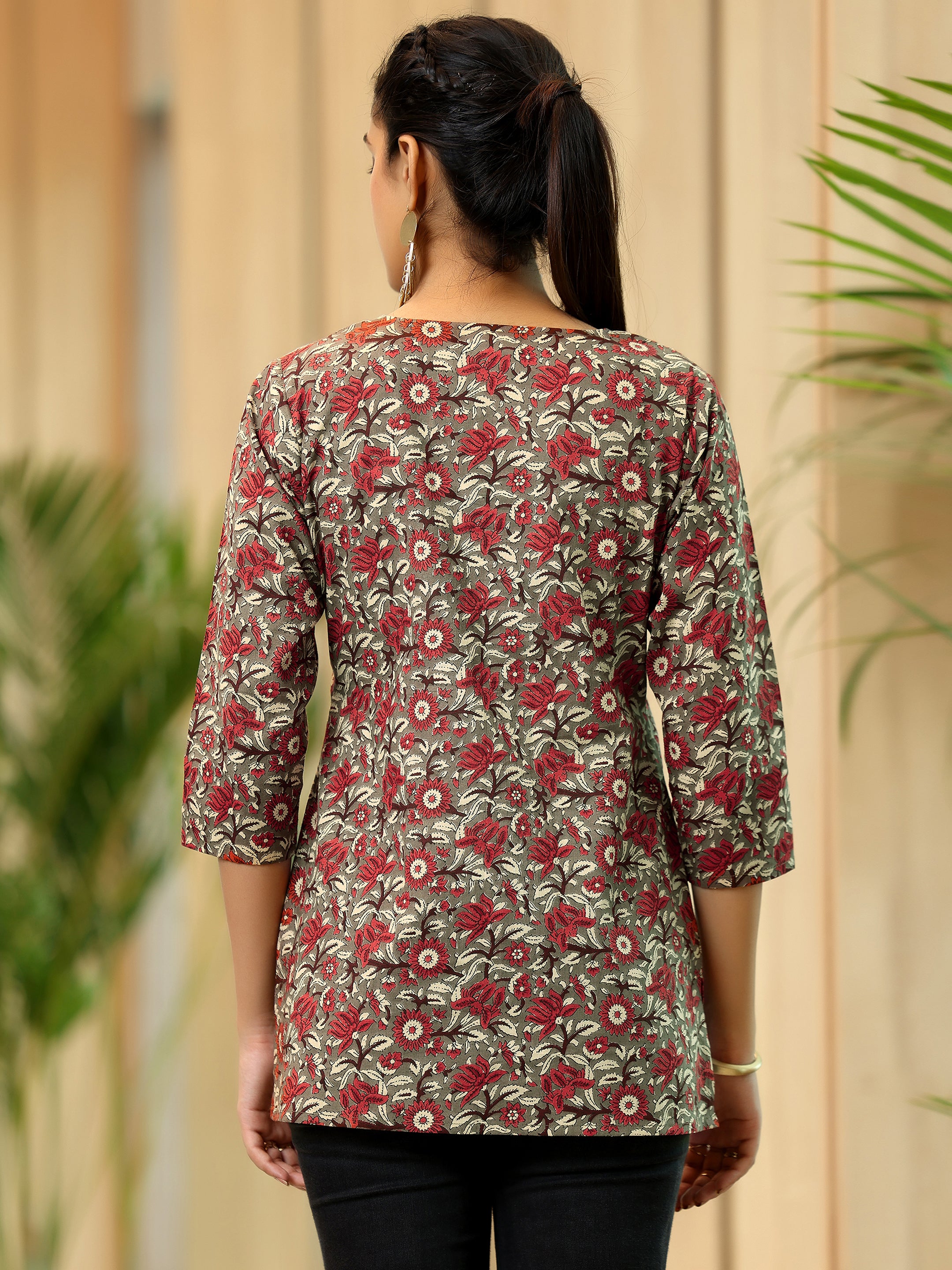 Brown Printed Cotton Straight Kurti