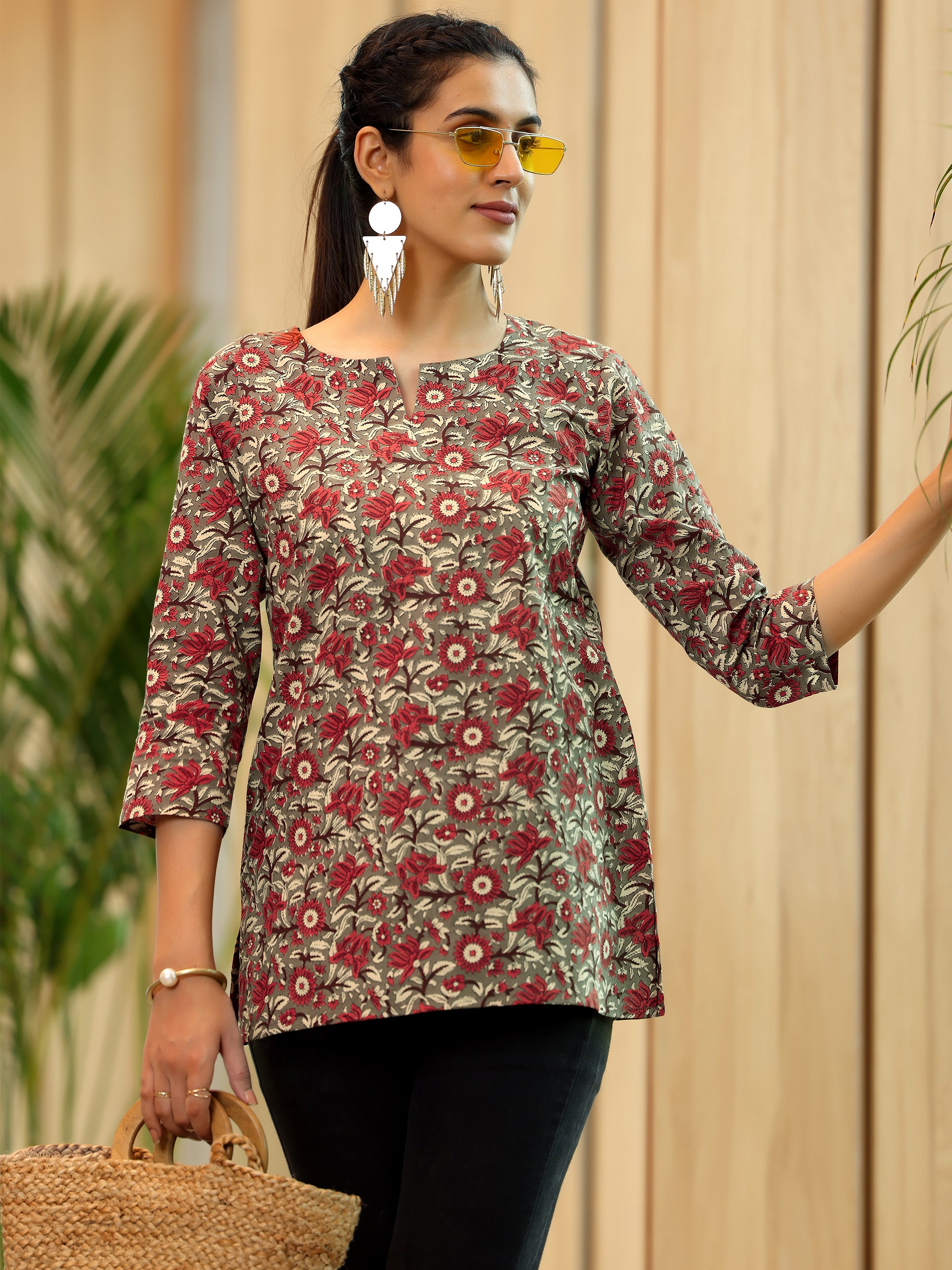 Brown Printed Cotton Straight Kurti