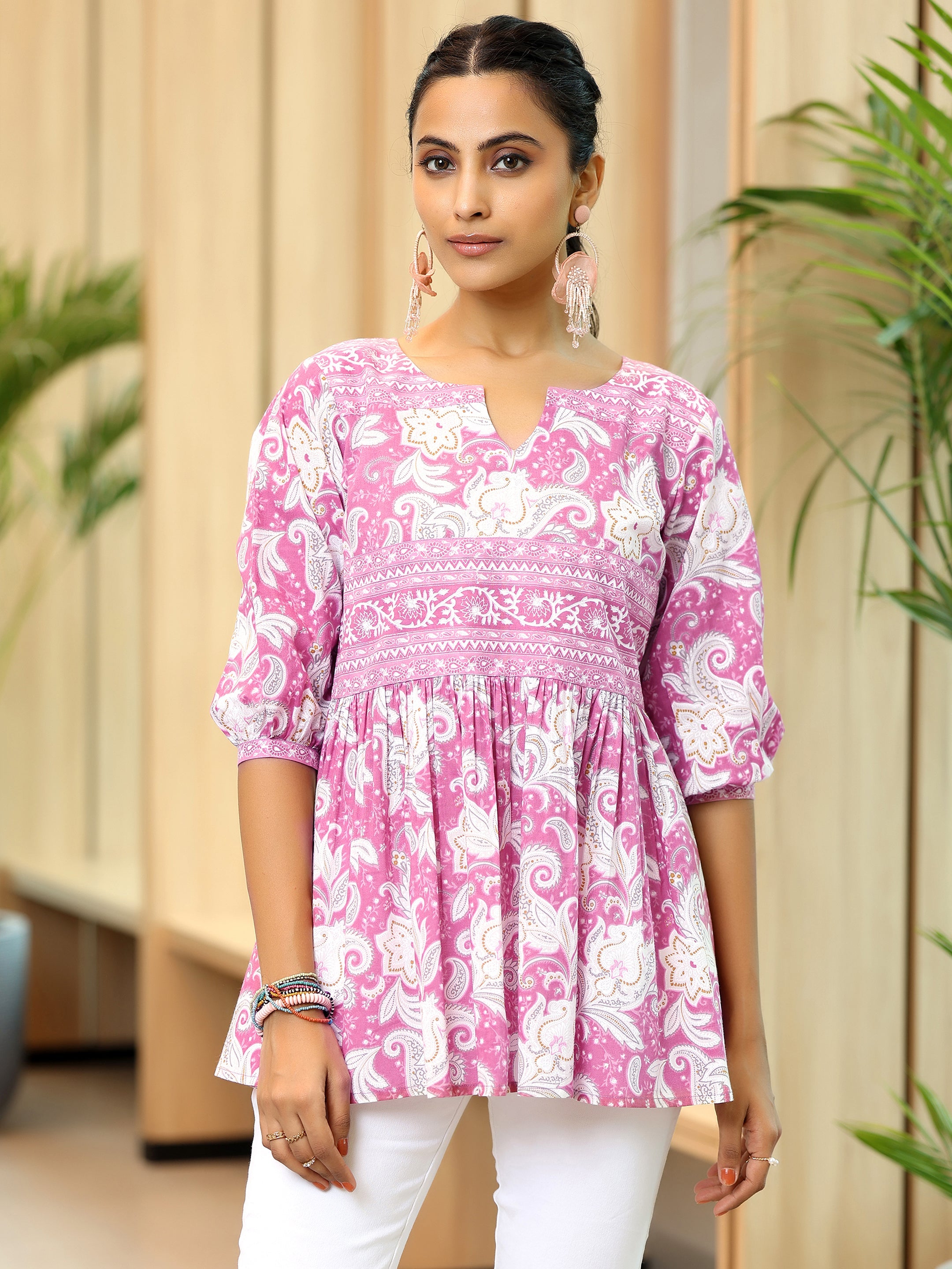 Pink Printed Cotton Anarkali Kurti