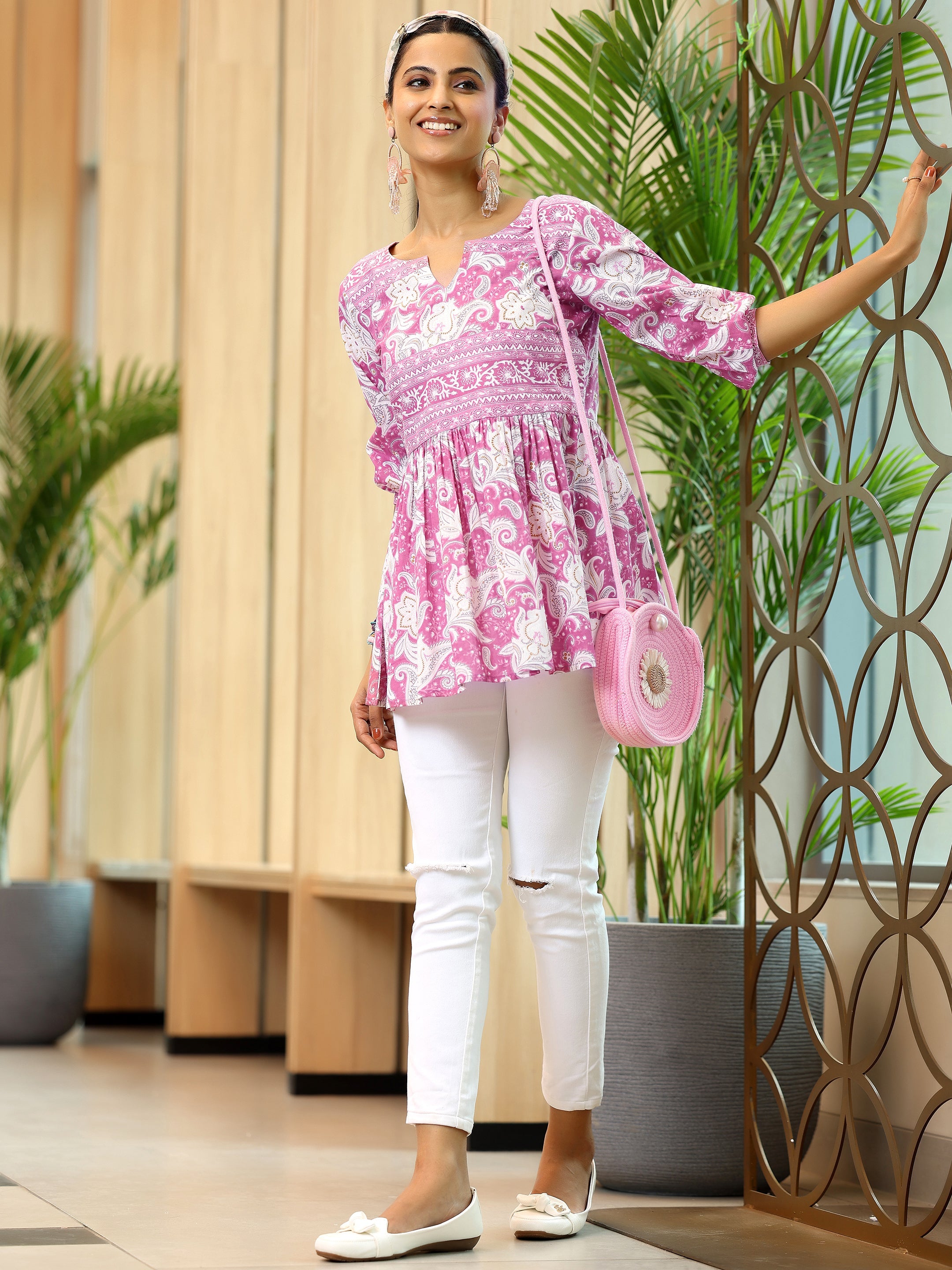 Pink Printed Cotton Anarkali Kurti