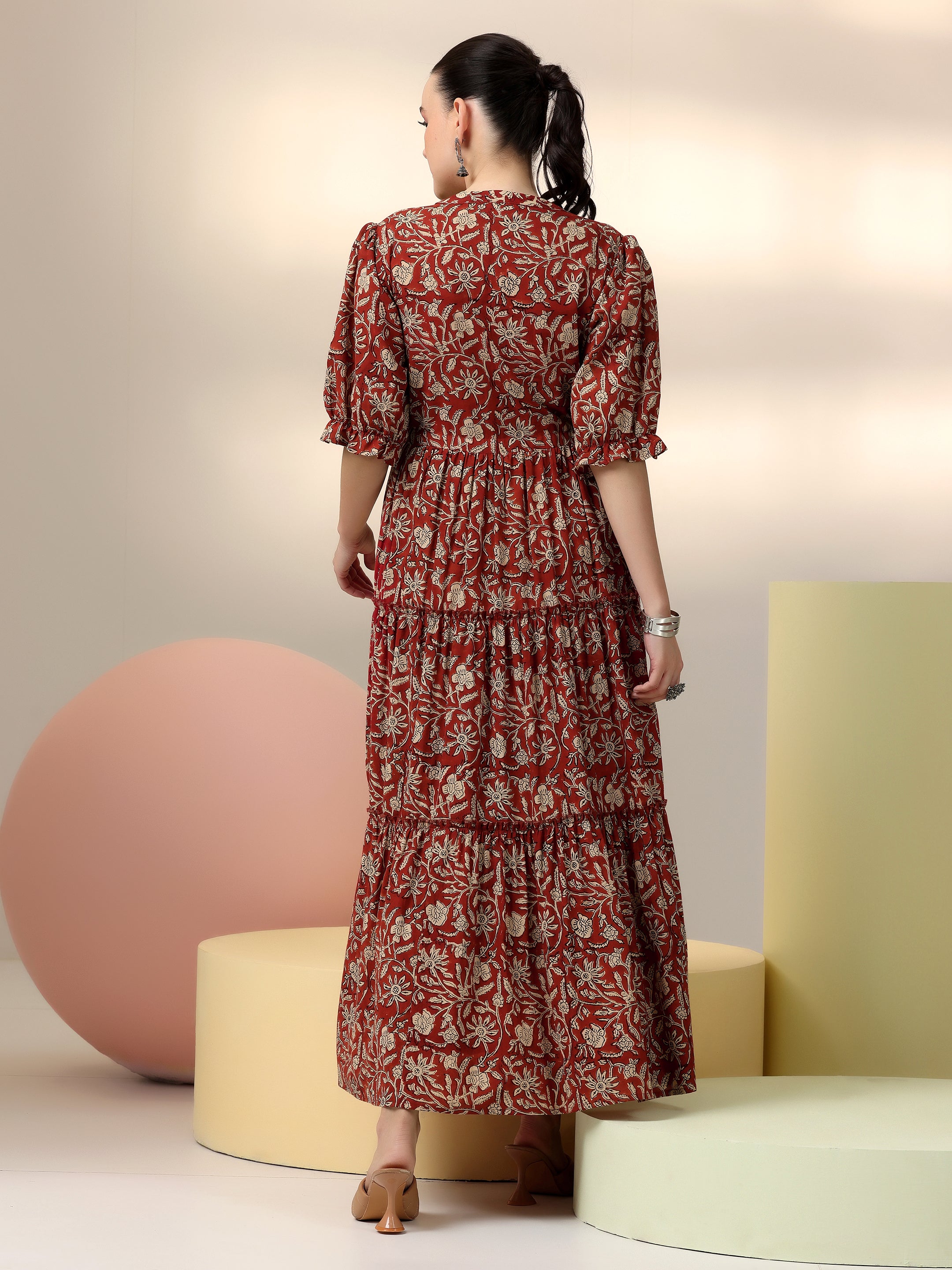 Rust Printed Cotton Fit and Flare Dress