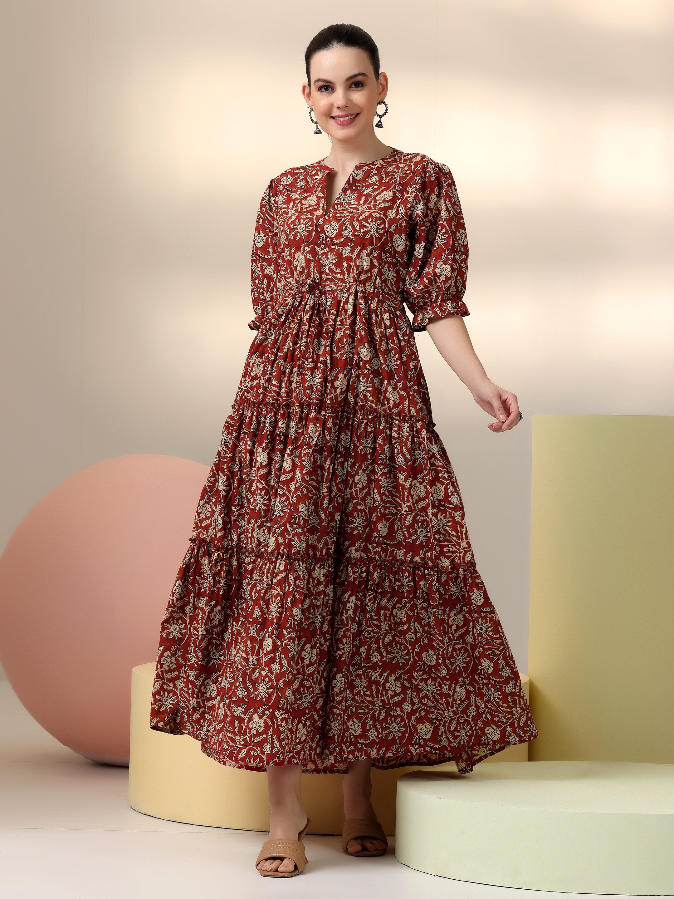 Rust Printed Cotton Fit and Flare Dress