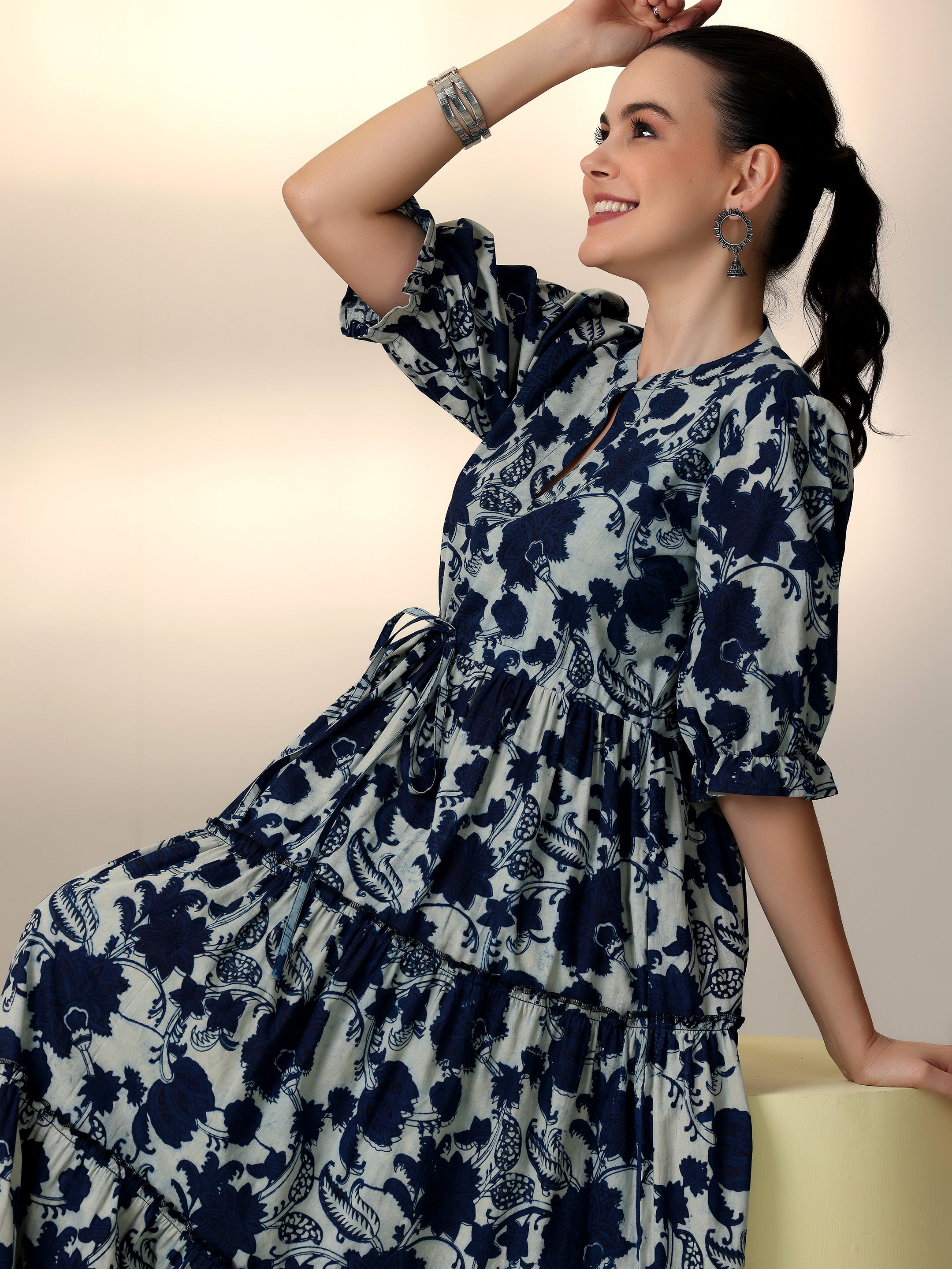 Indigo Printed Cotton Fit and Flare Dress