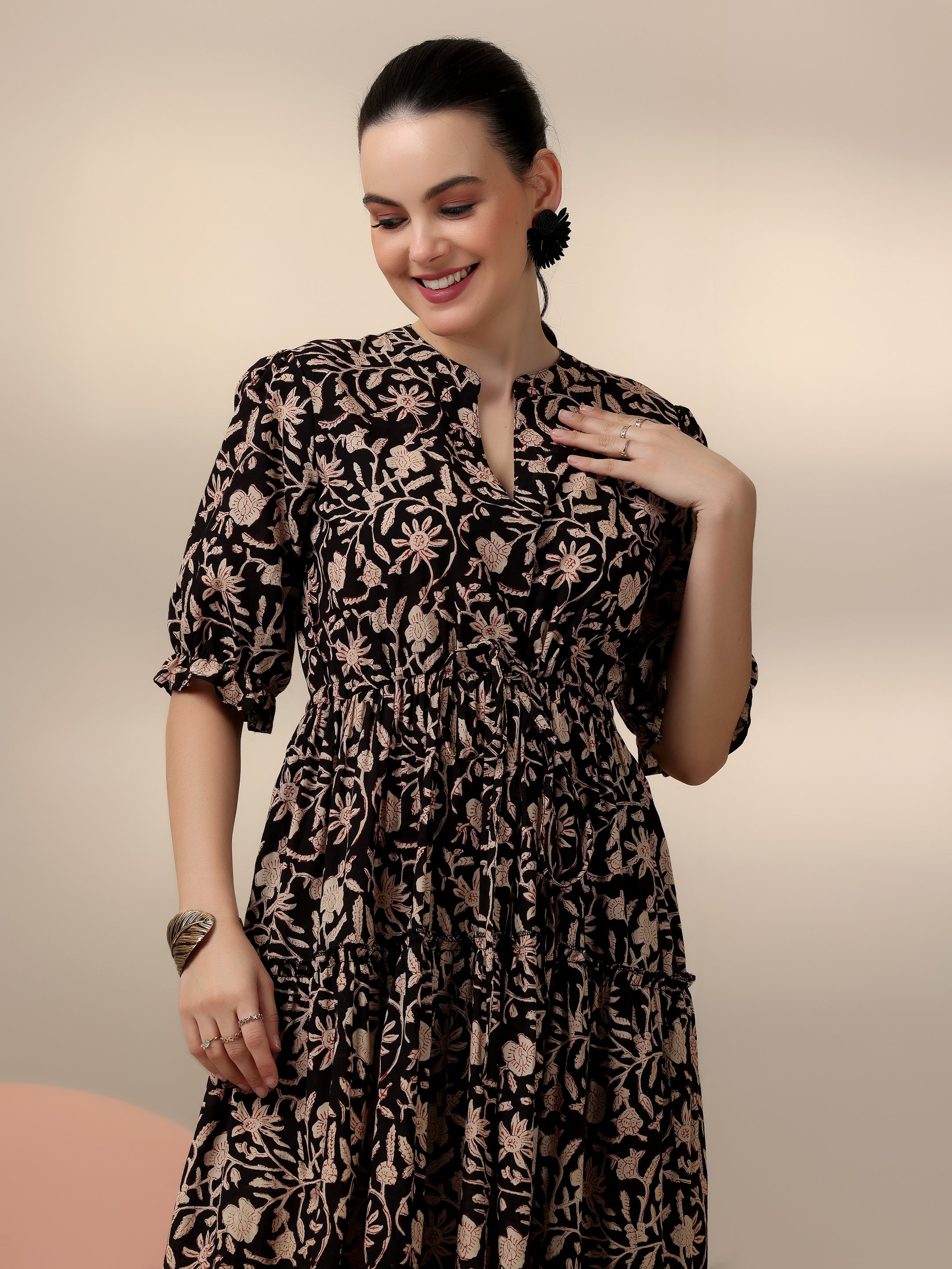 Black Printed Cotton Fit and Flare Dress