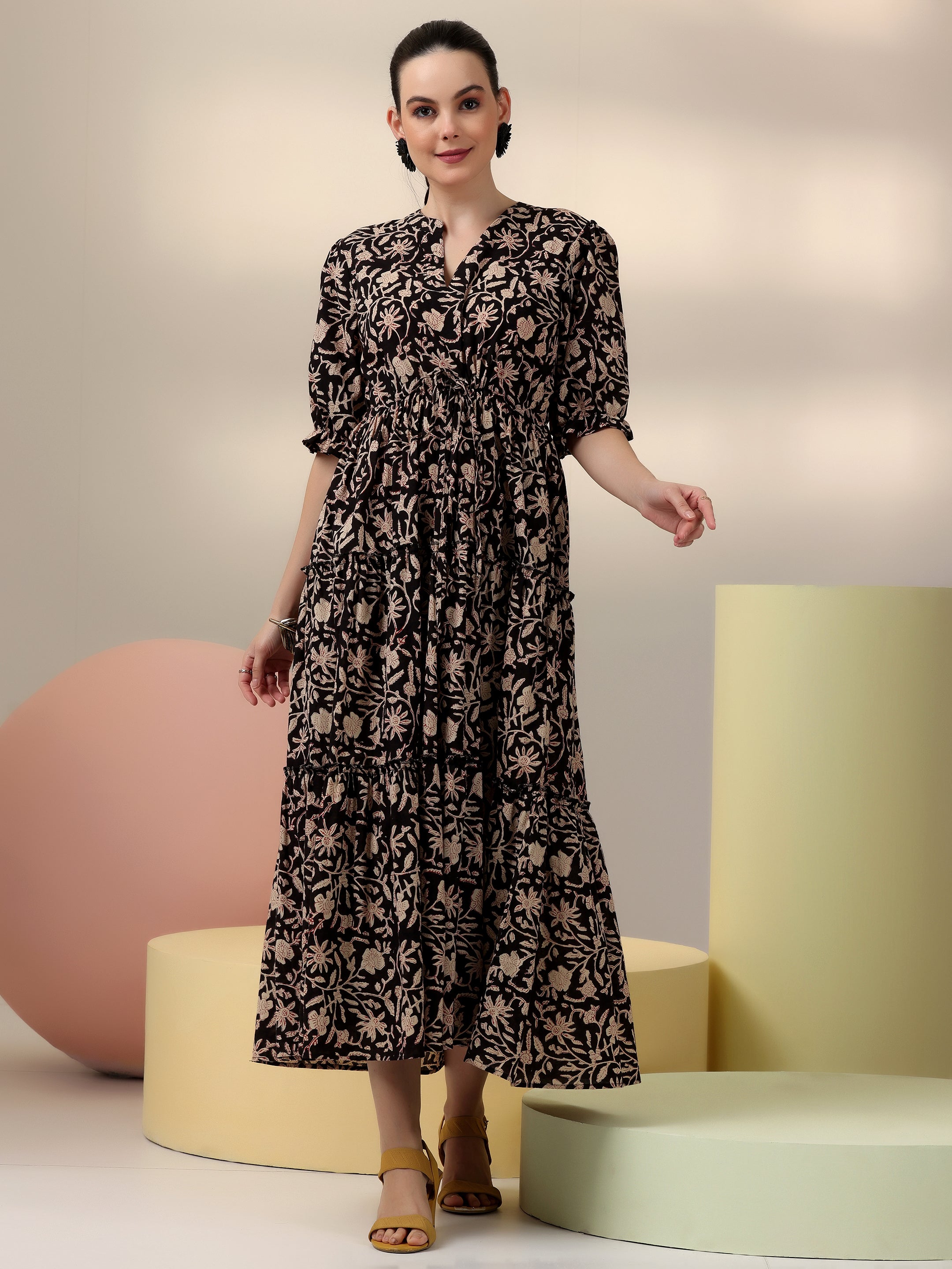 Black Printed Cotton Fit and Flare Dress