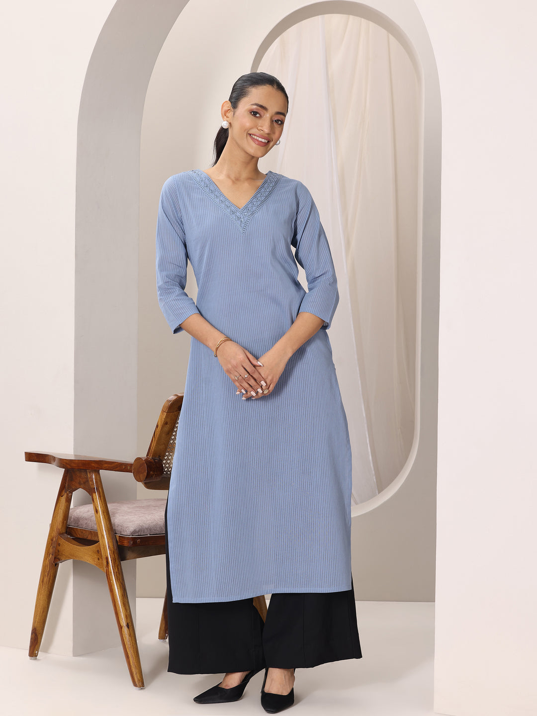 Blue Printed Cotton Straight Kurta