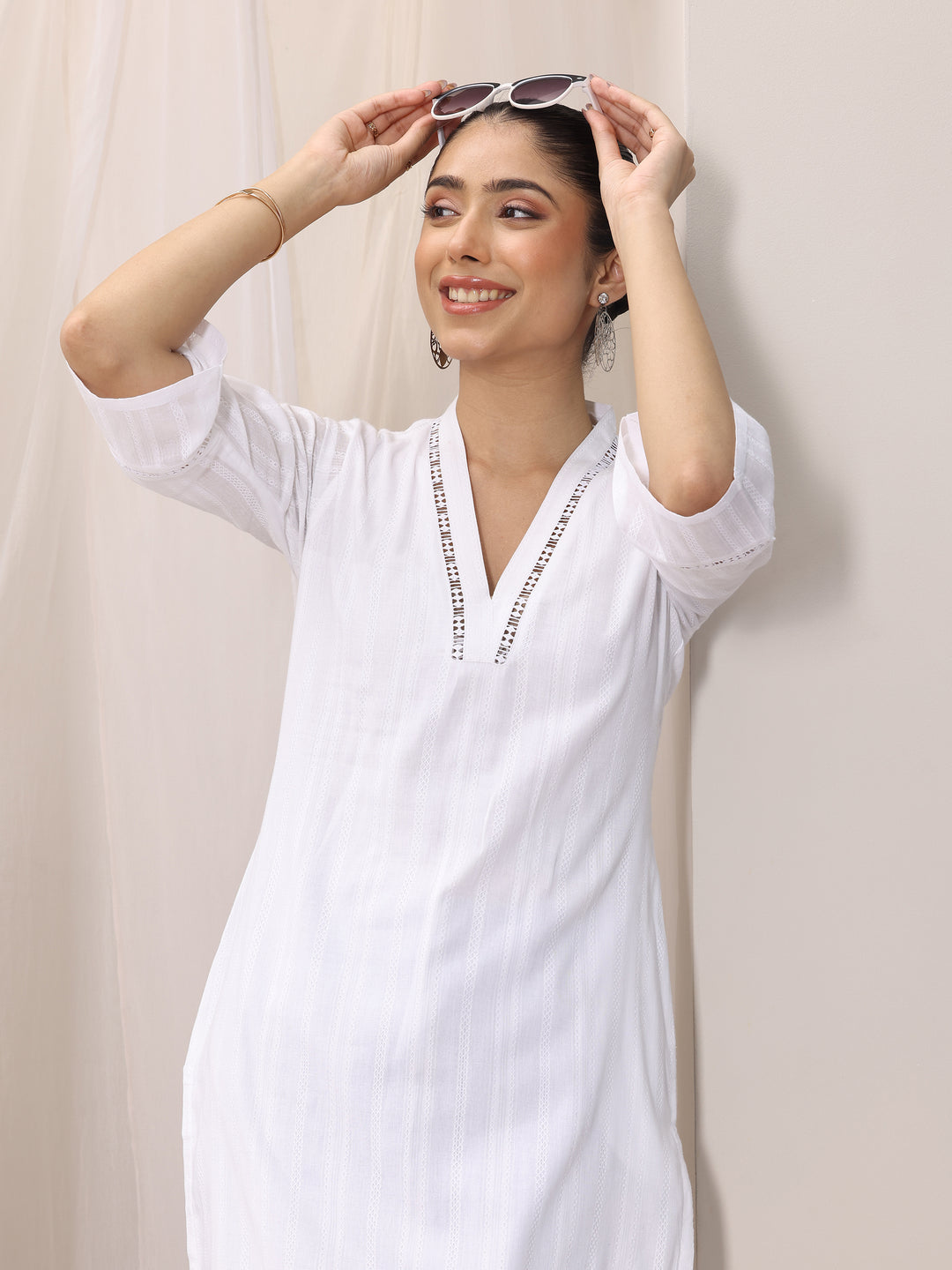 White Printed Cotton Straight Kurta