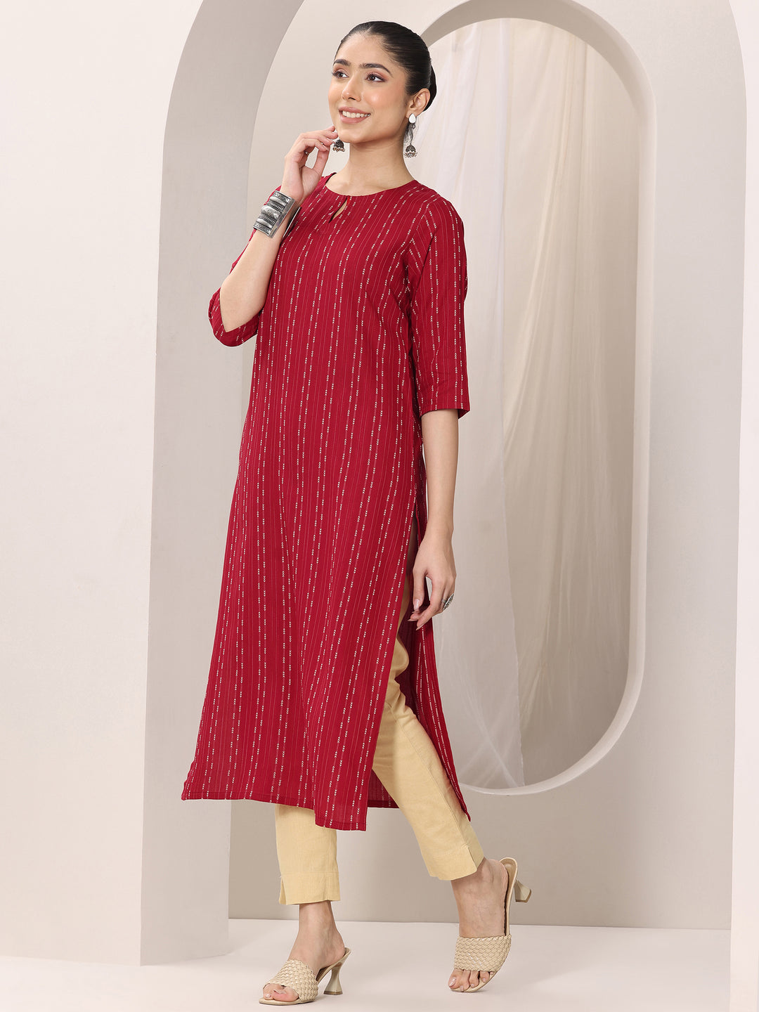 Red Woven Design Rayon Straight Kurta