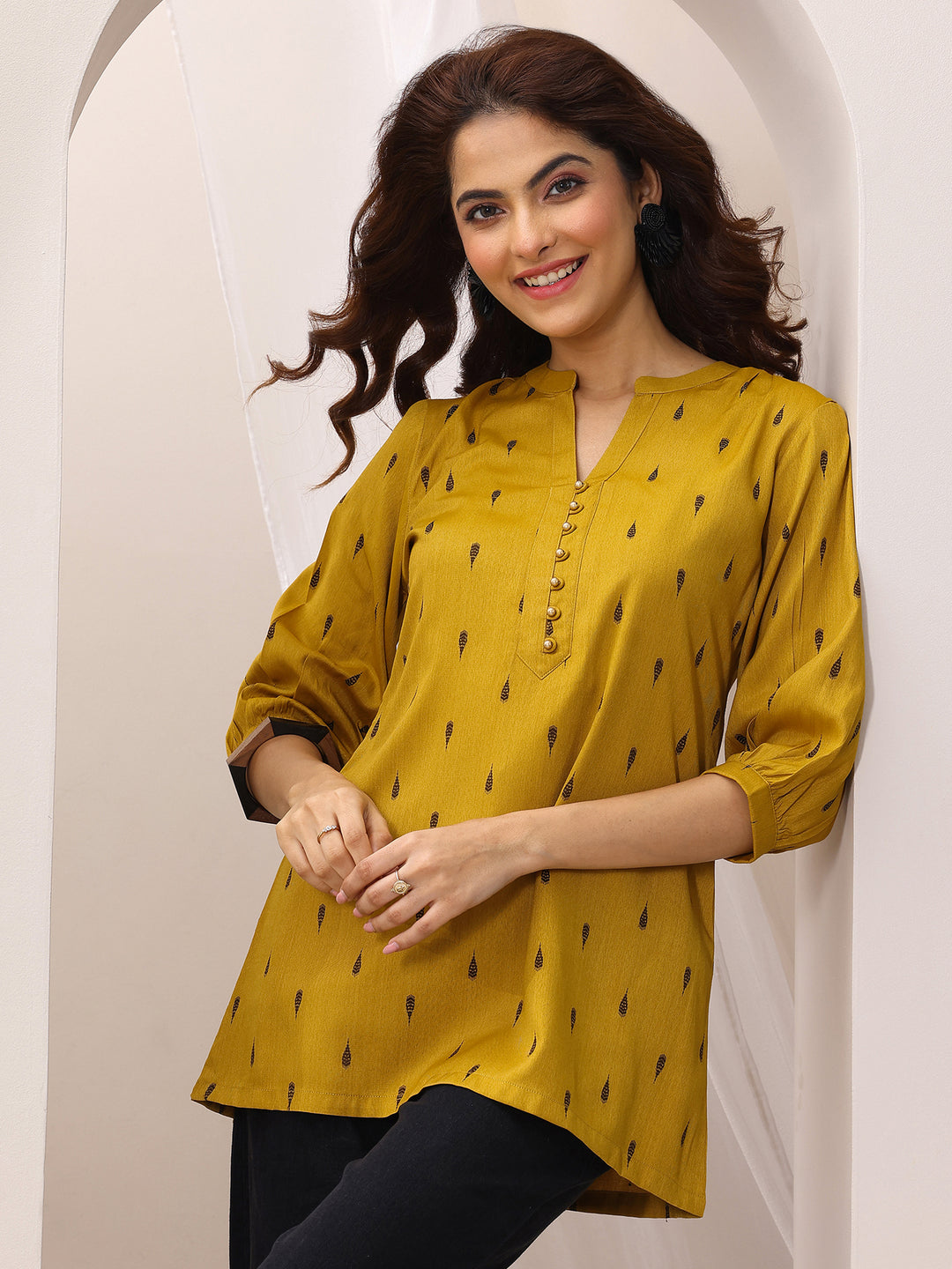 Mustard Woven Design Rayon Straight Short Kurti