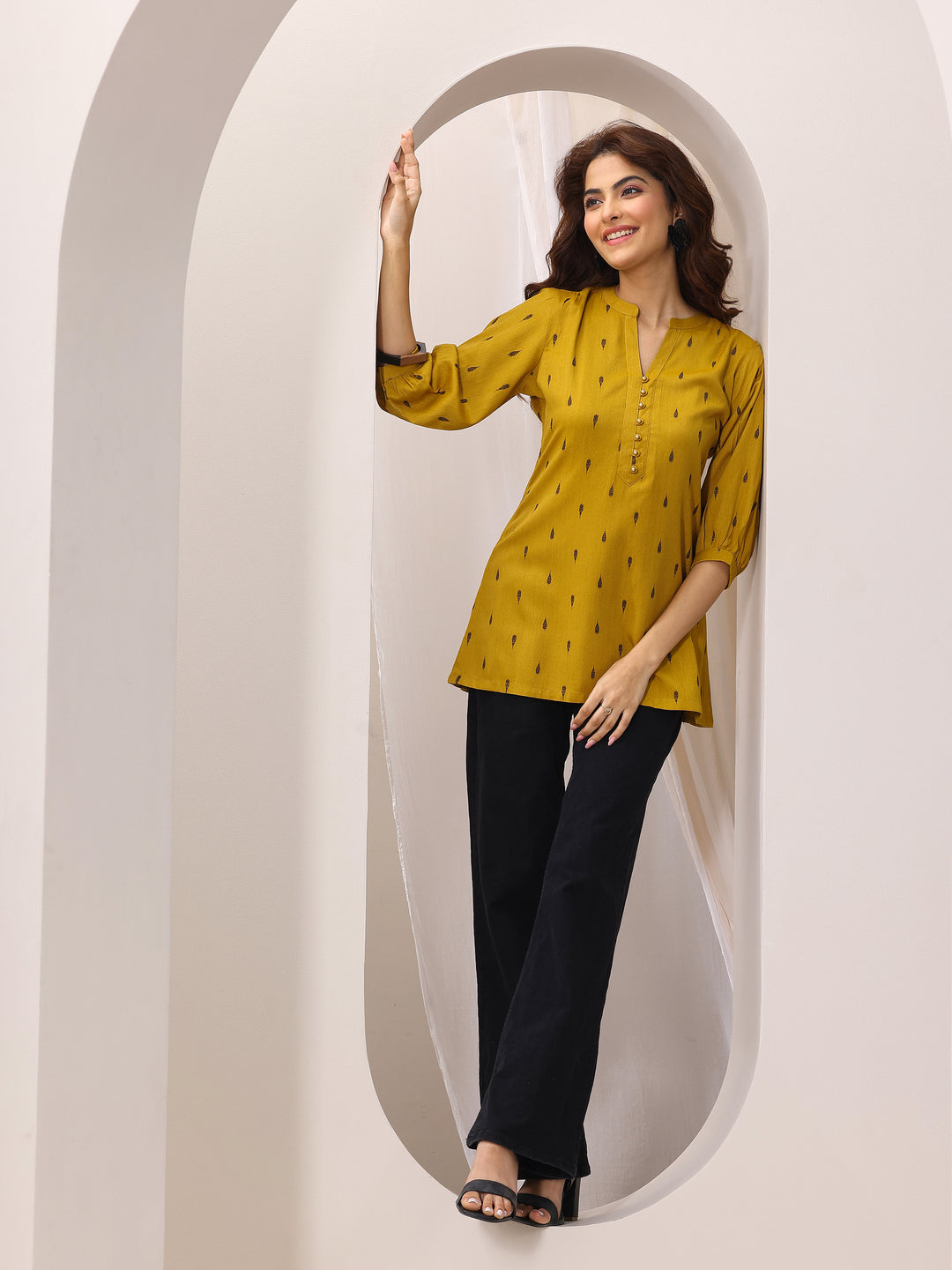 Mustard Woven Design Rayon Straight Short Kurti