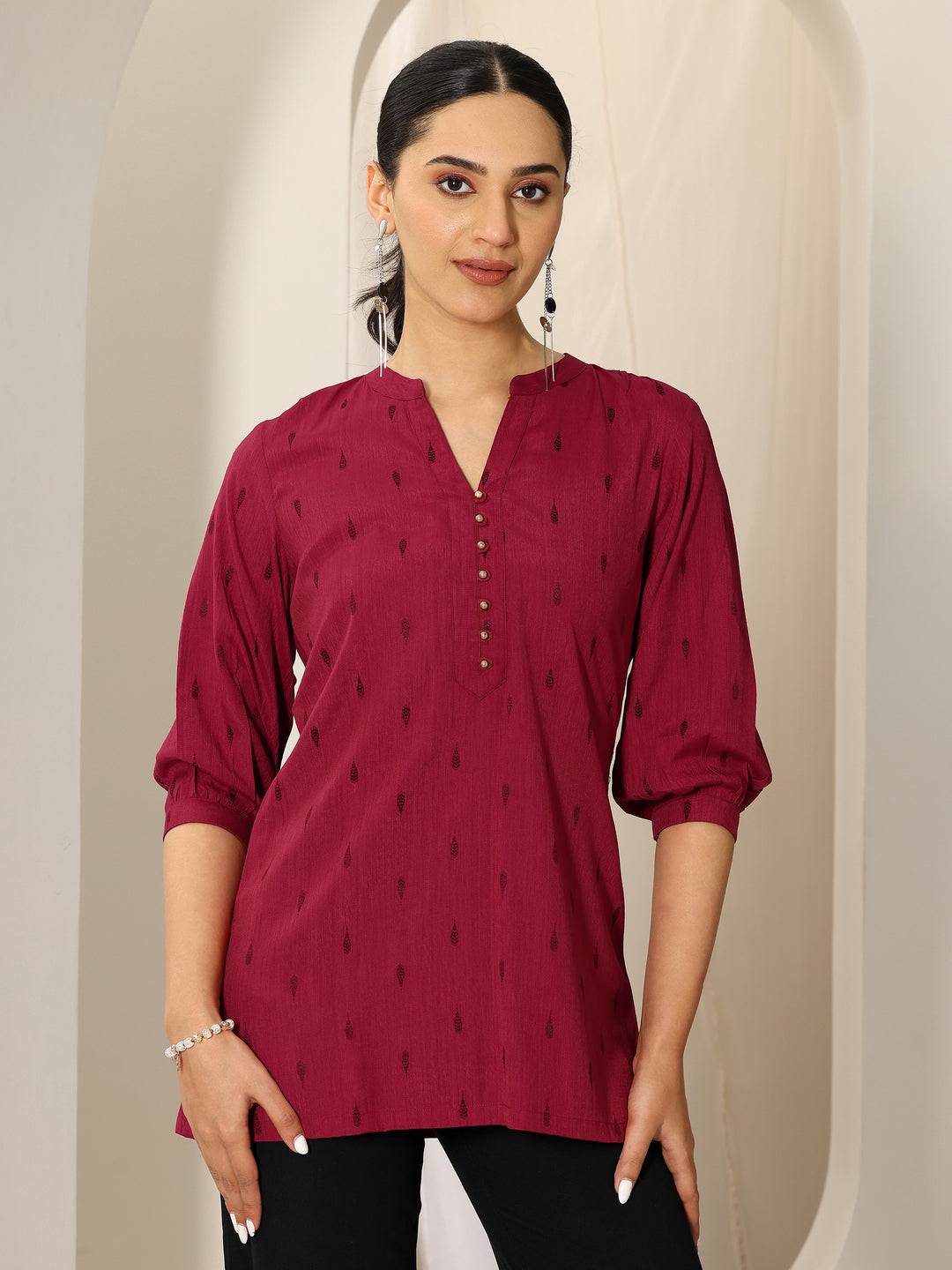 Maroon Woven Design Viscose Rayon Straight Short Kurti