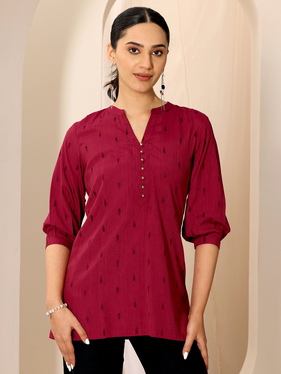 Maroon Woven Design Viscose Rayon Straight Short Kurti