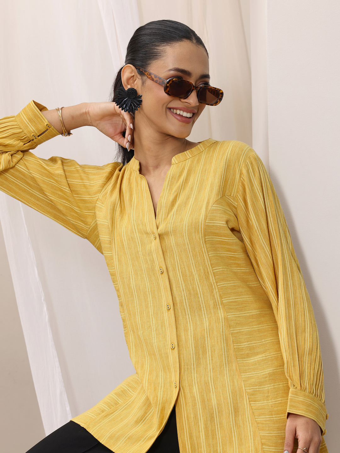 Yellow Woven Design Cotton Blend Straight Short Kurti