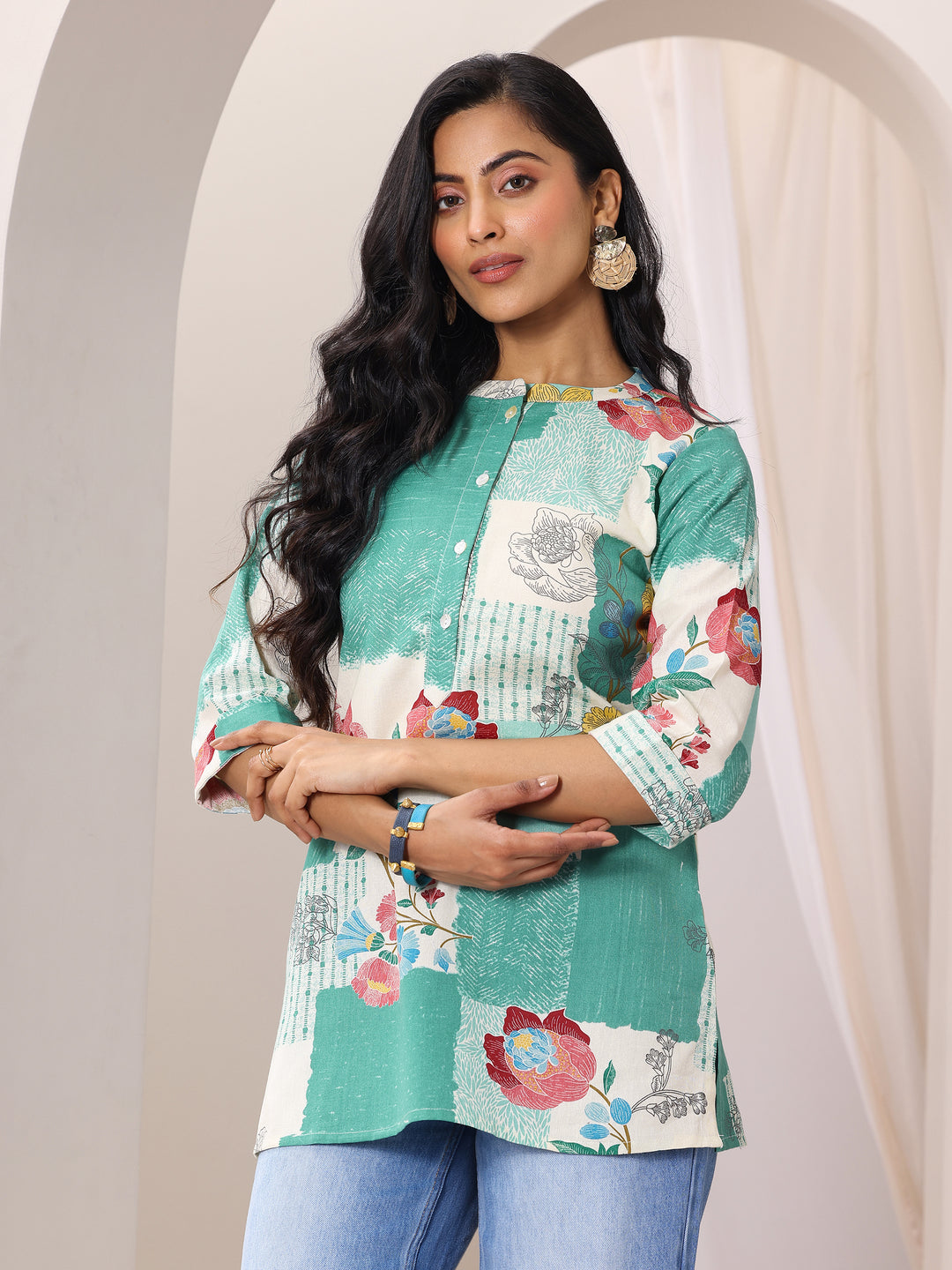 Green Printed Cotton Straight Short Kurti