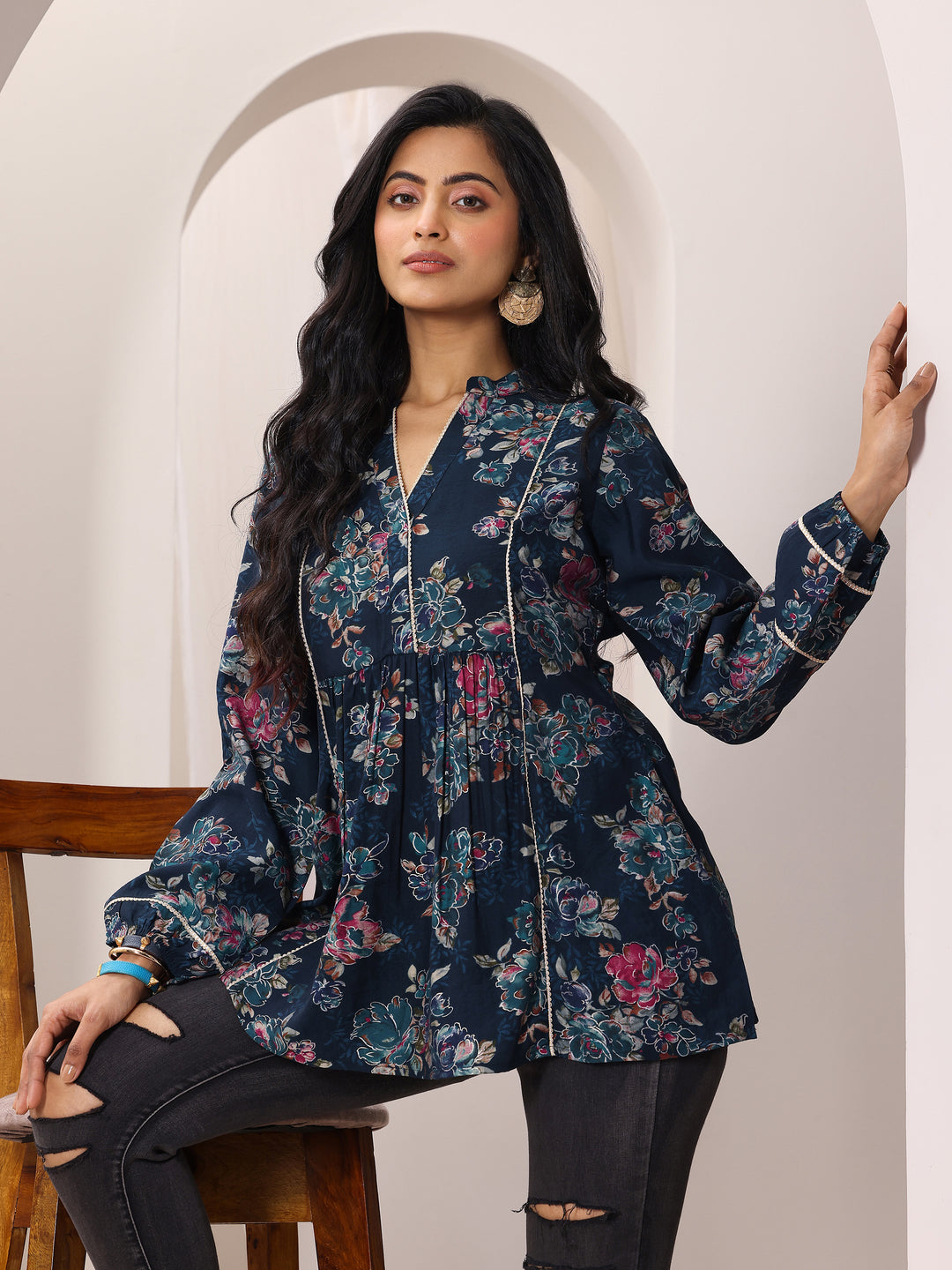 Blue Printed Silk Blend A-Line Short Kurti