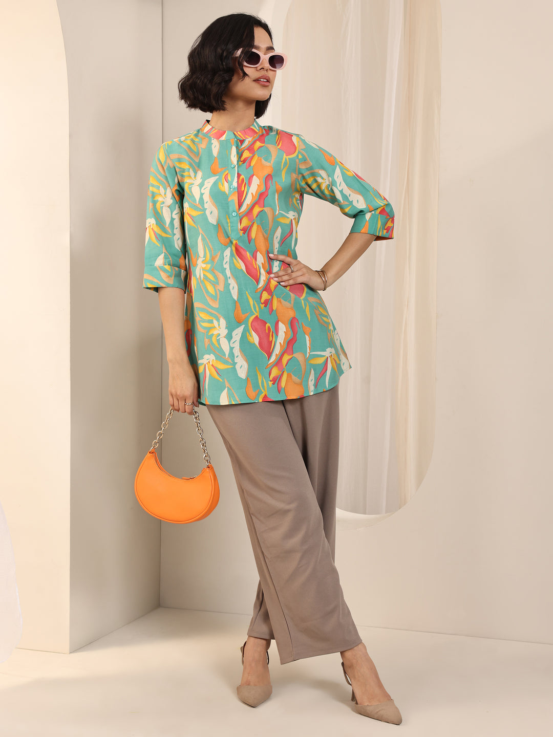 Multi Printed Silk Blend Straight Short Kurti