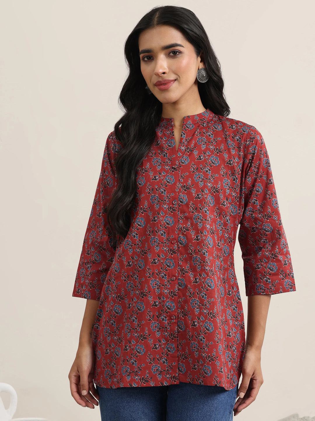 Maroon Printed Cotton Straight Kurti