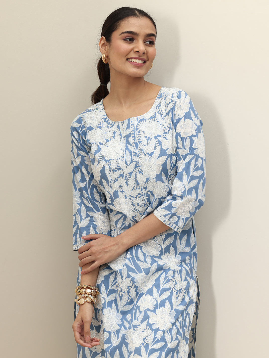 Blue Printed Cotton Straight Kurta