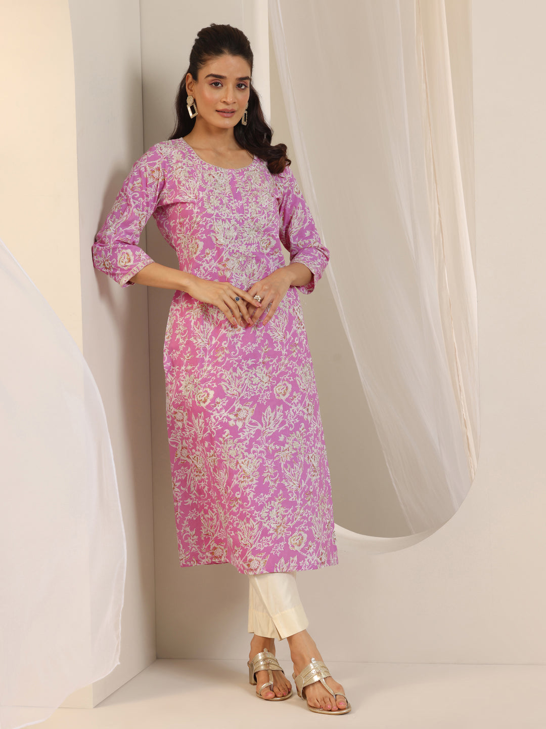 Pink Printed Cotton Straight Kurta