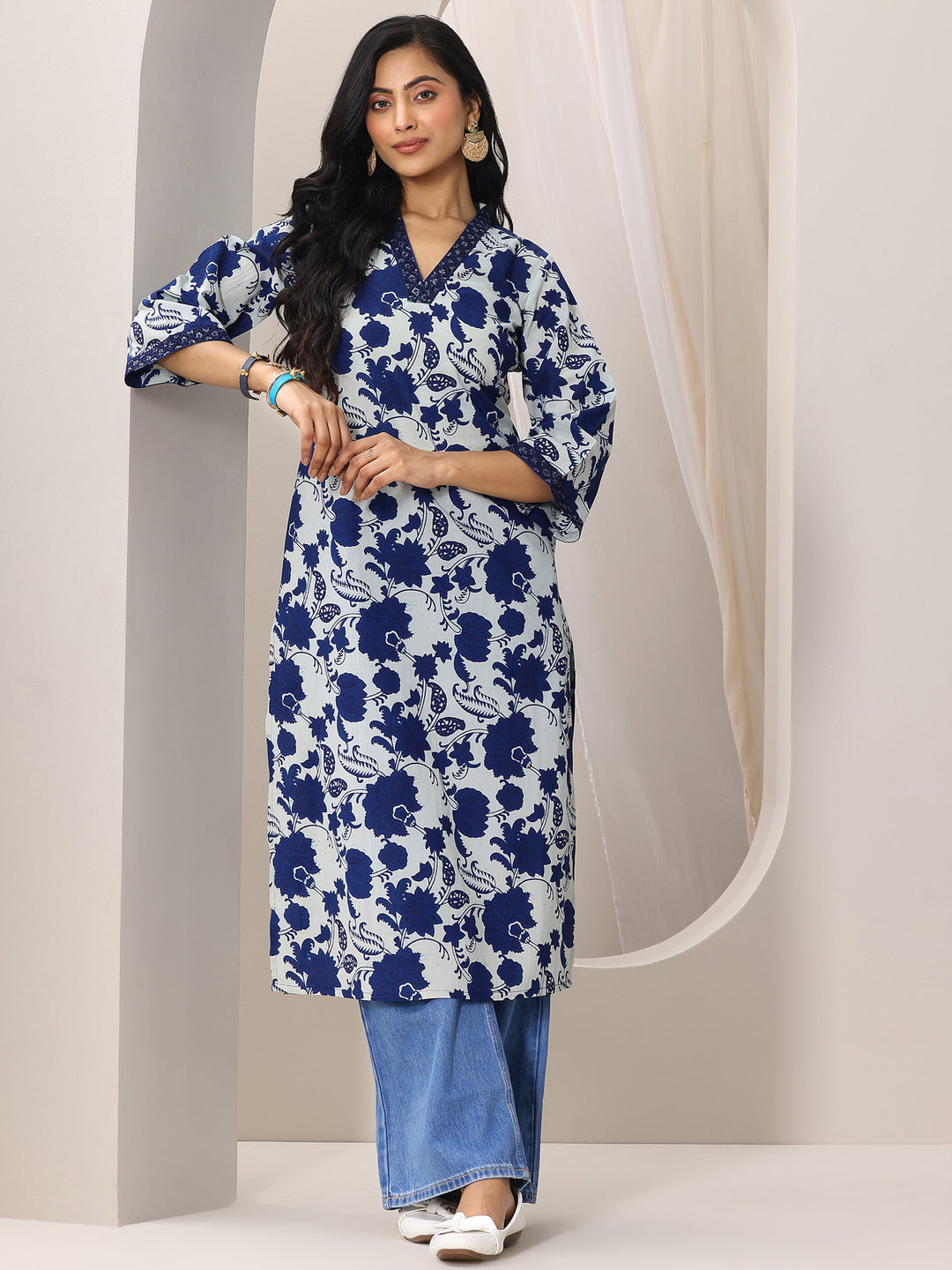 Indigo Printed Cotton Straight Kurta