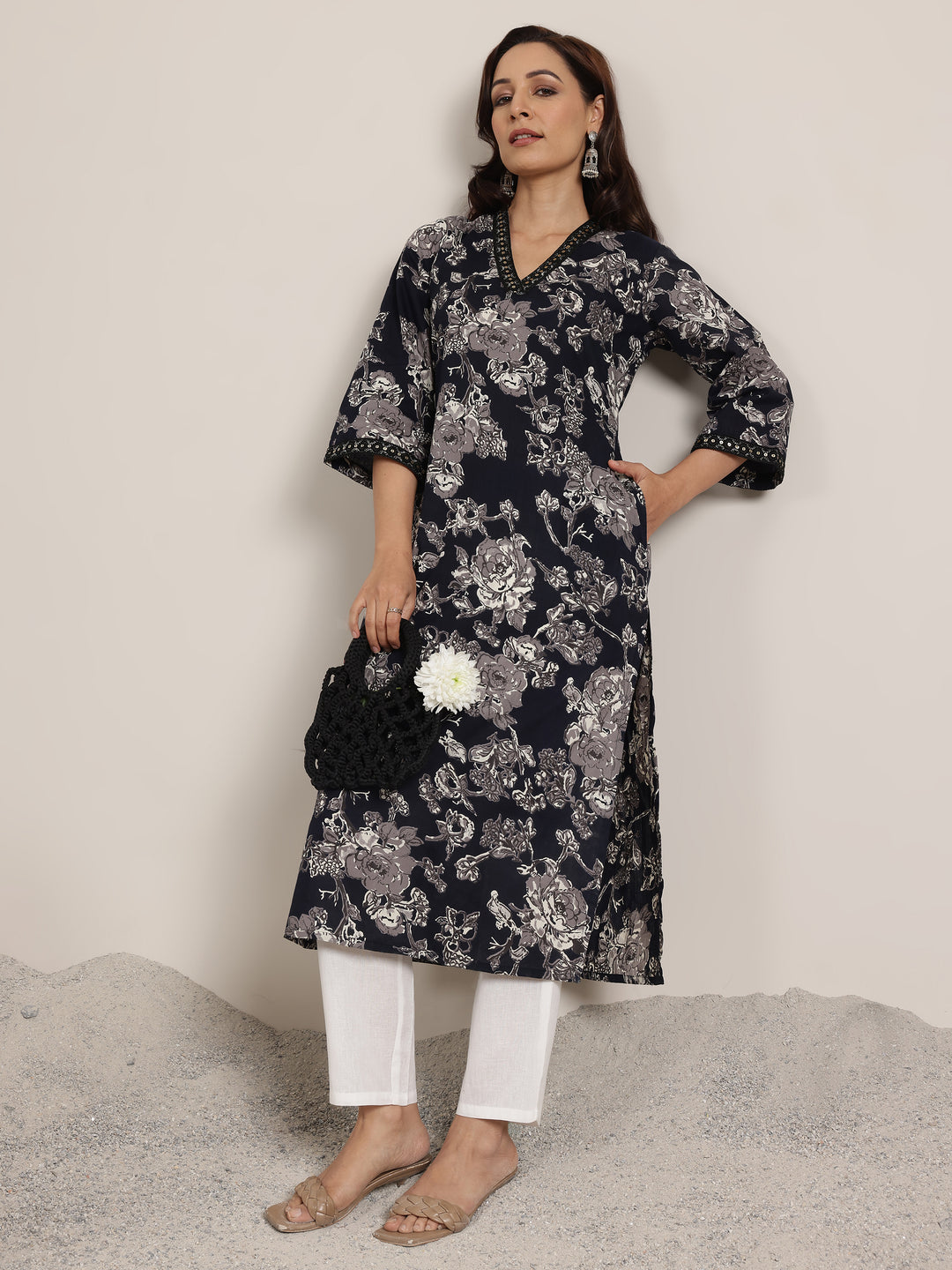 Black Printed Cotton Straight Kurta