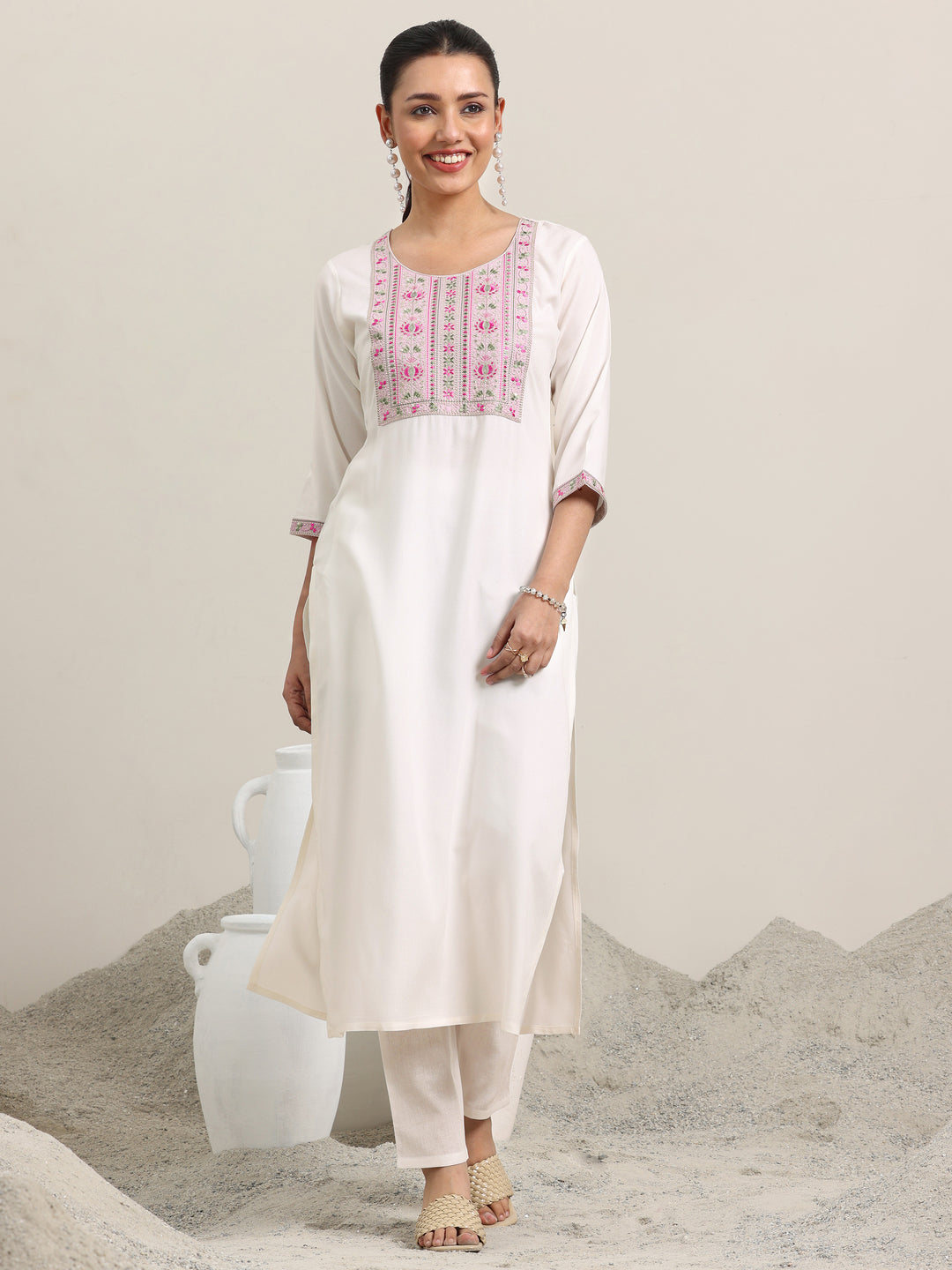 Off White Yoke Design Rayon Straight Kurta