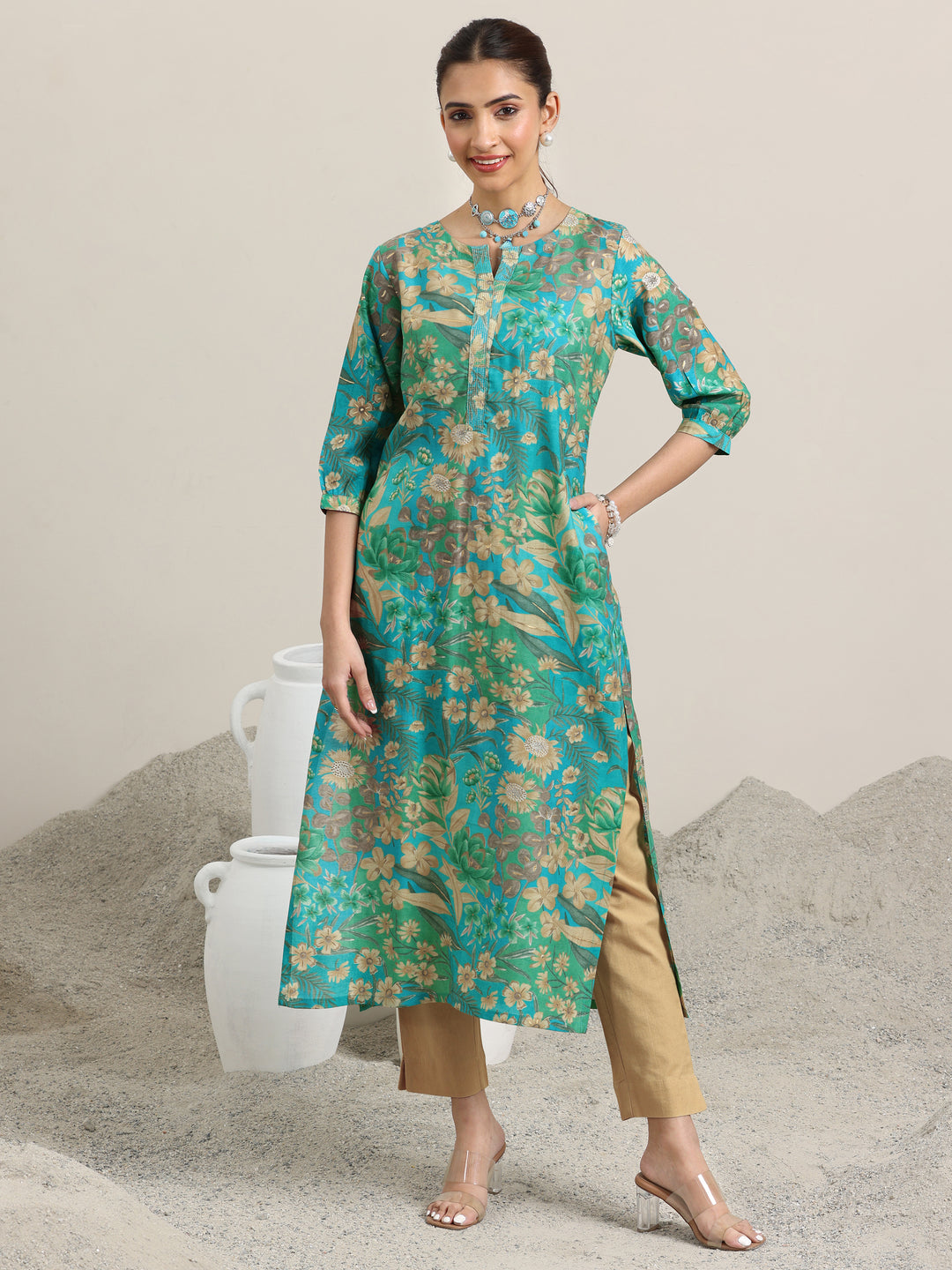 Blue Printed Silk Blend Straight Kurta