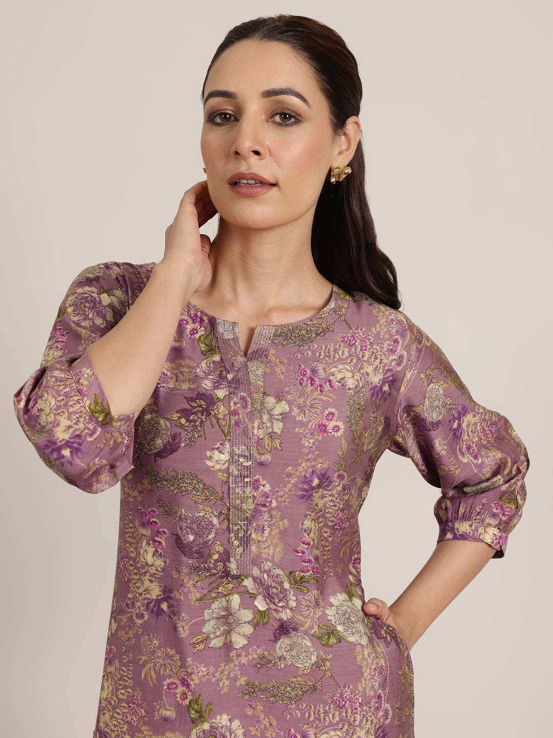 Mauve Printed Silk Blend Straight Kurta