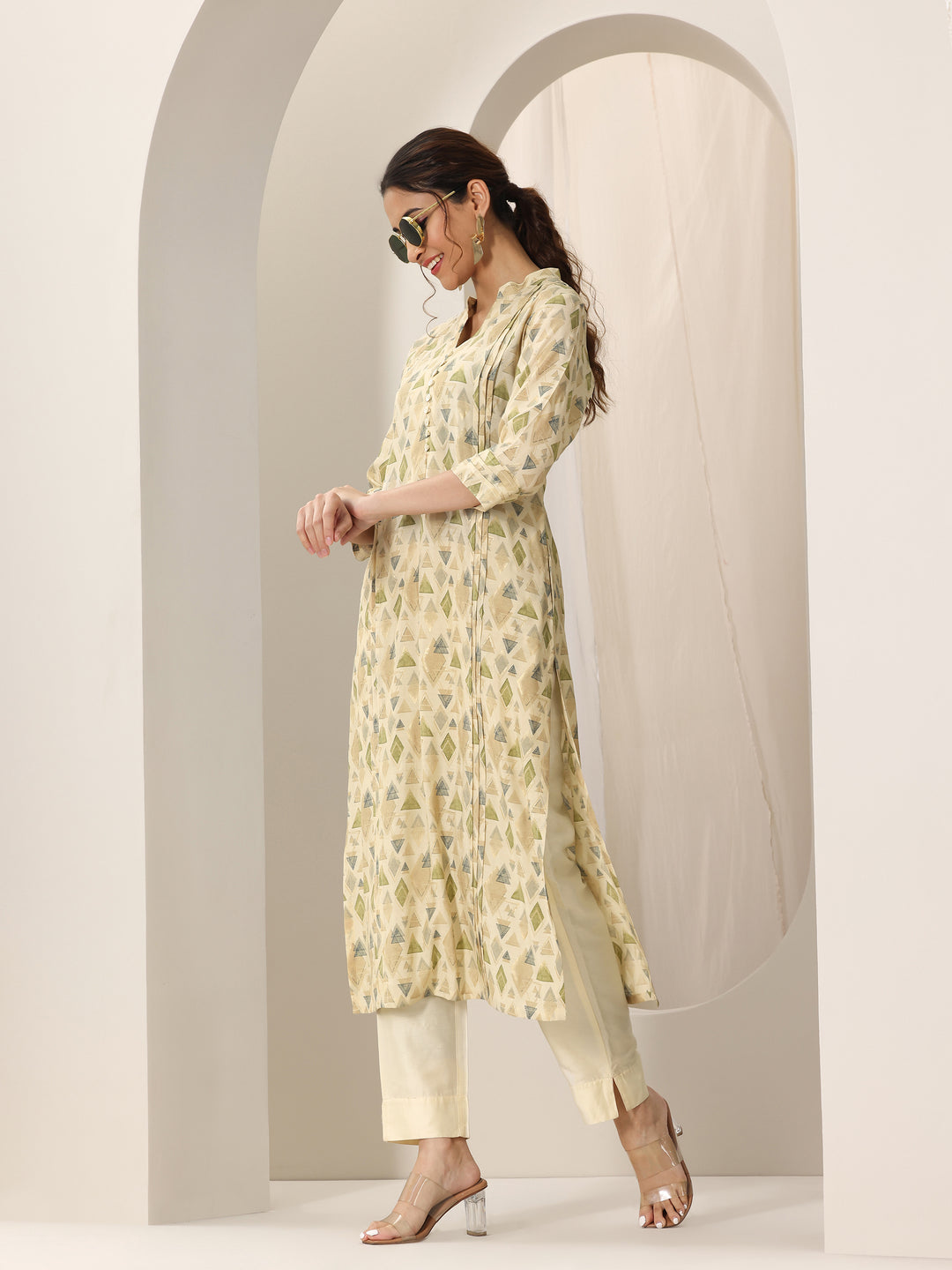 Beige Printed Silk Blend Straight Kurta