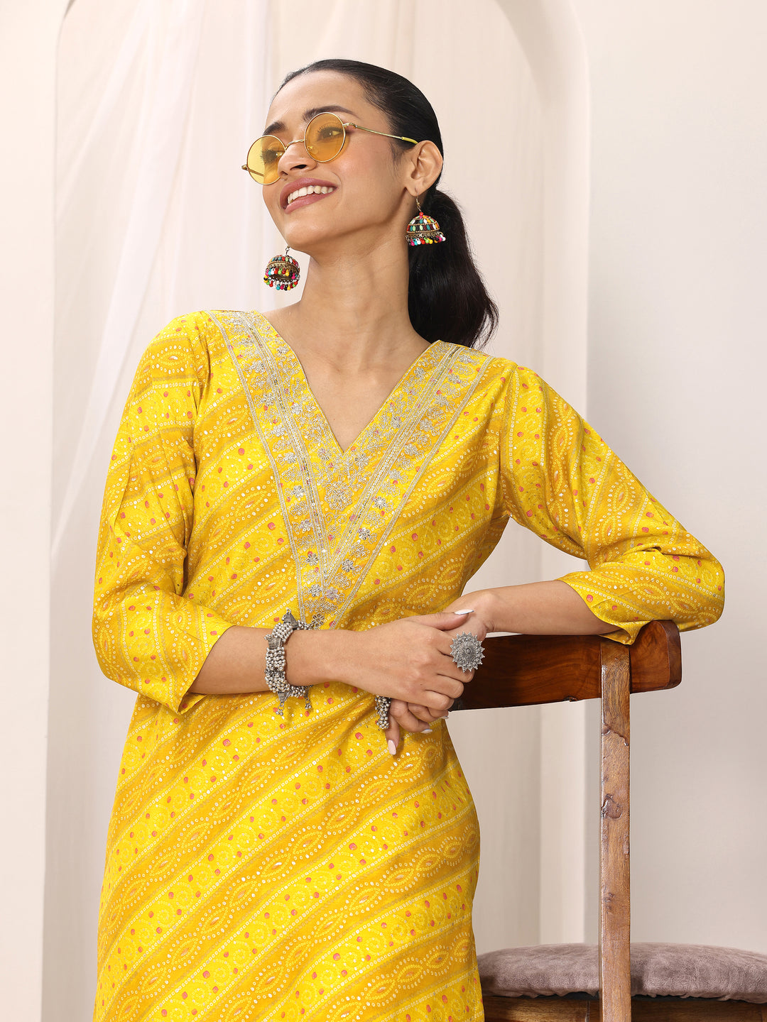 Mustard Printed Silk Blend Straight Kurta