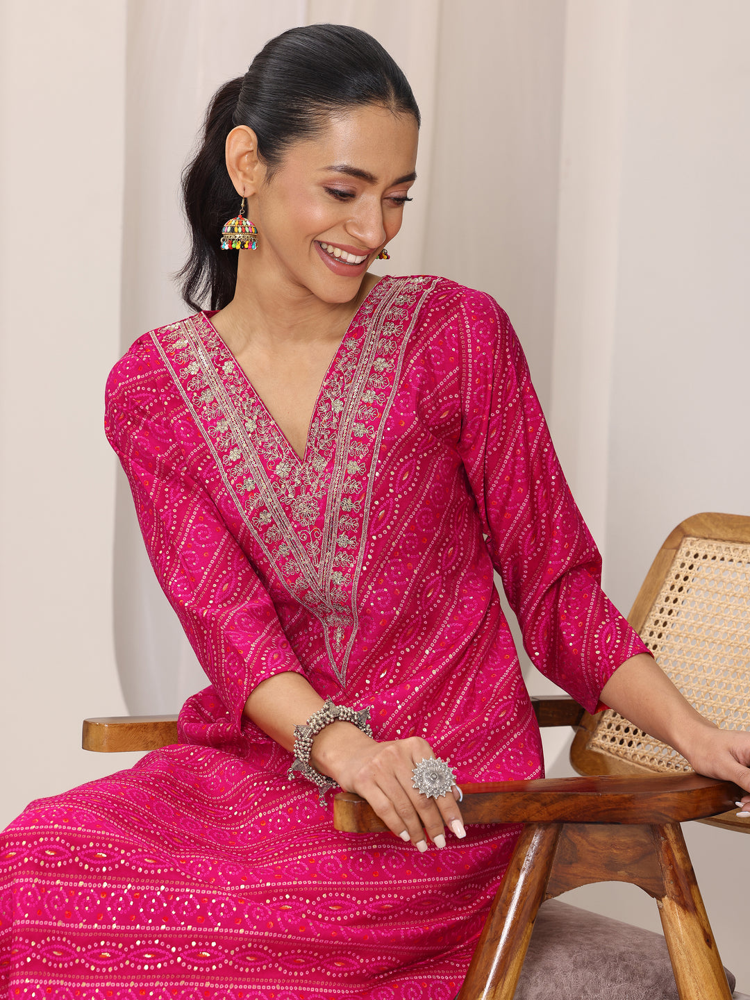 Pink Printed Silk Blend Straight Kurta